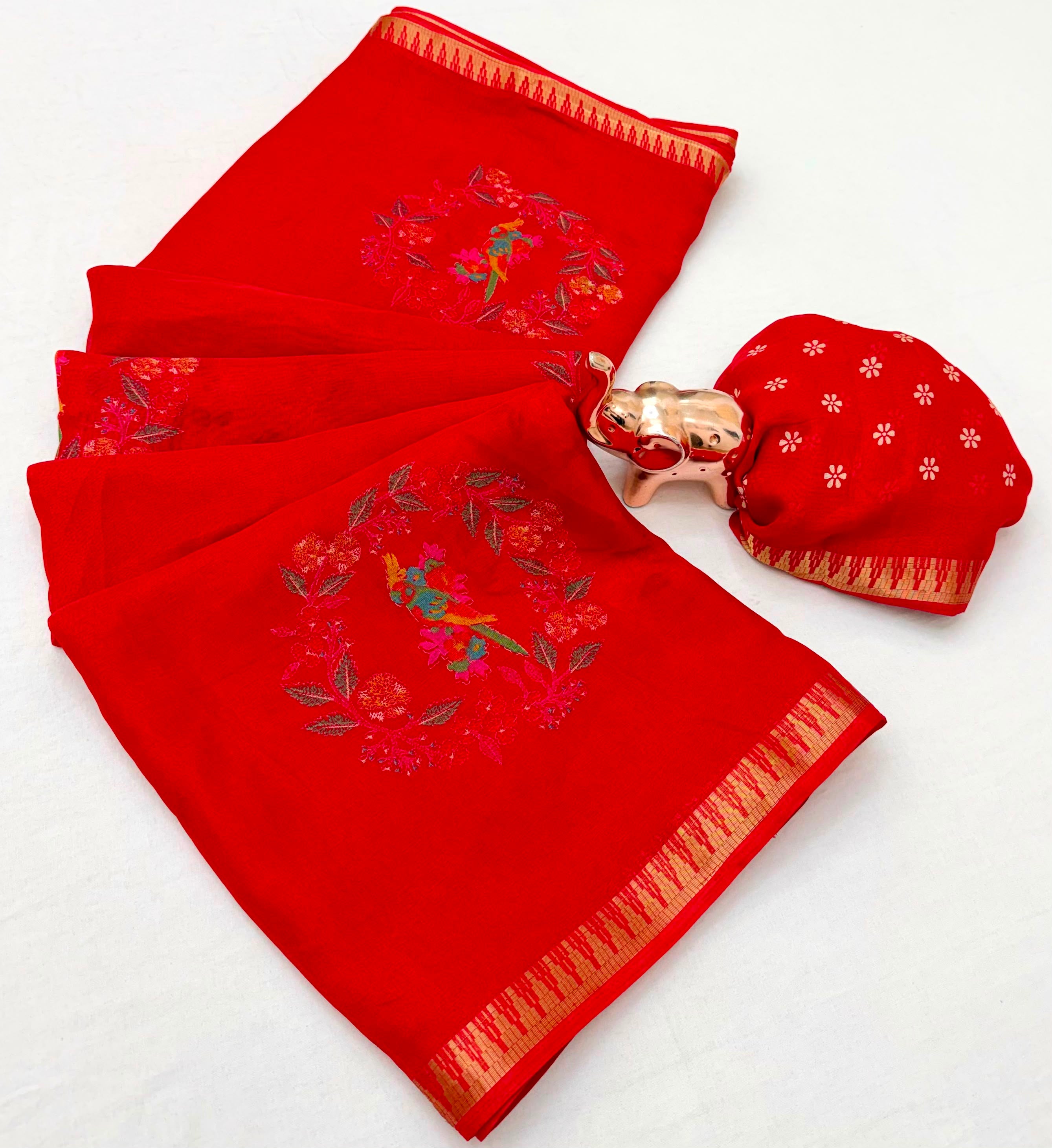 Splendorous Function Wear Pure Soft Silk Kalamkari Print Jacquard Border Rich Pallu Saree With Blouse Piece