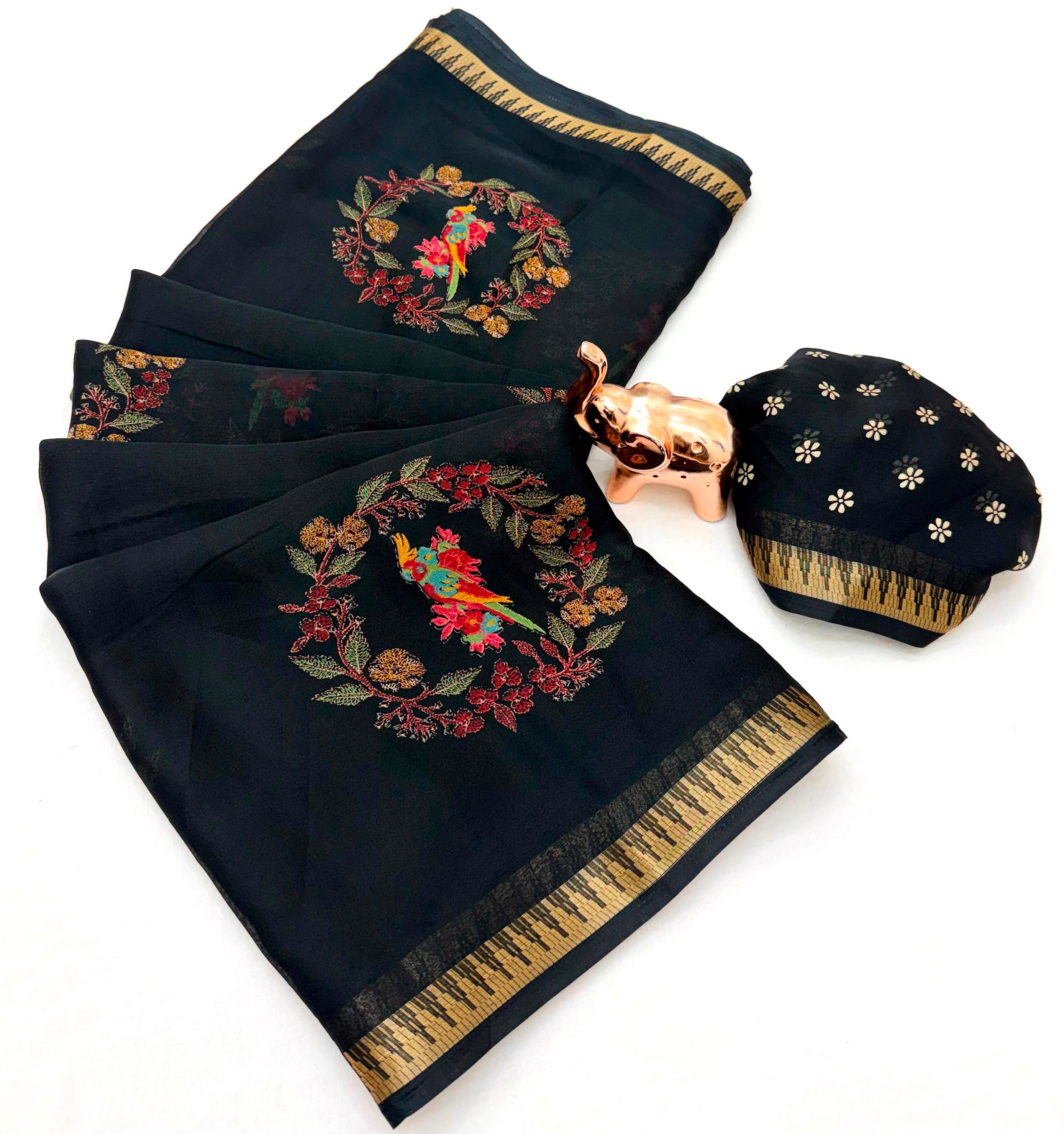 Splendorous Function Wear Pure Soft Silk Kalamkari Print Jacquard Border Rich Pallu Saree With Blouse Piece