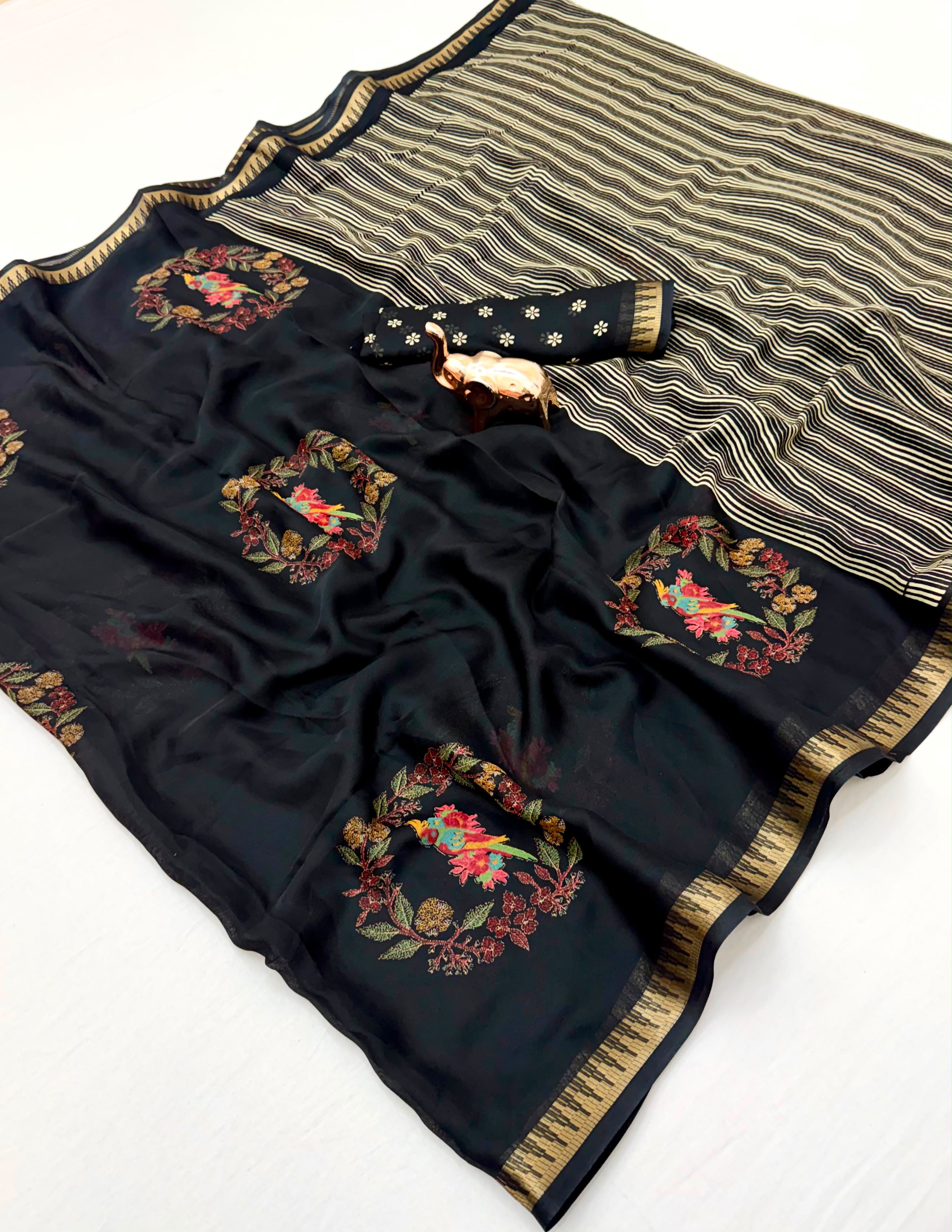 Splendorous Function Wear Pure Soft Silk Kalamkari Print Jacquard Border Rich Pallu Saree With Blouse Piece