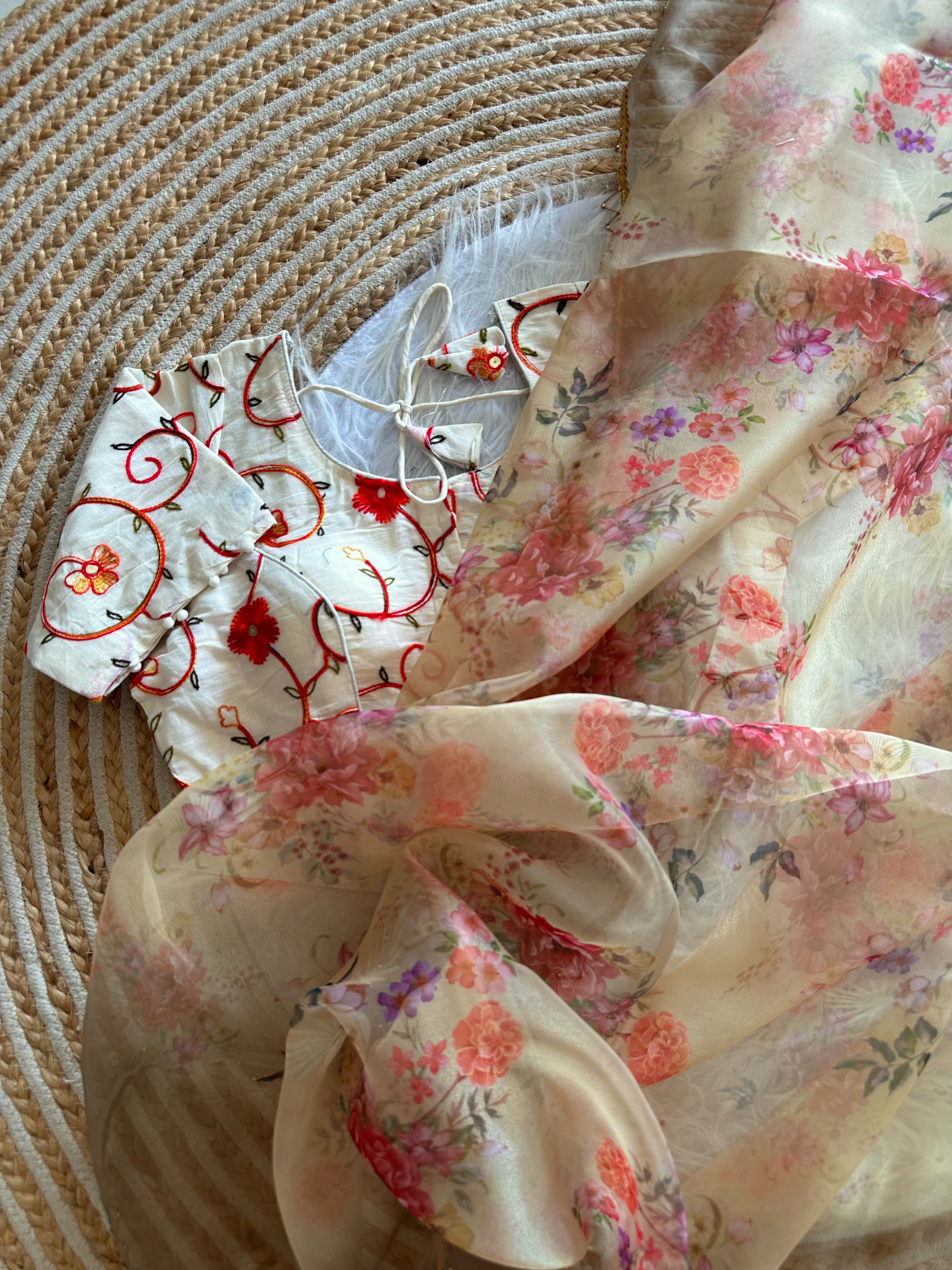 Attractive Wedding Wear Soft Organza Silk Beads Work Border Designer Saree With Stitched Blouse