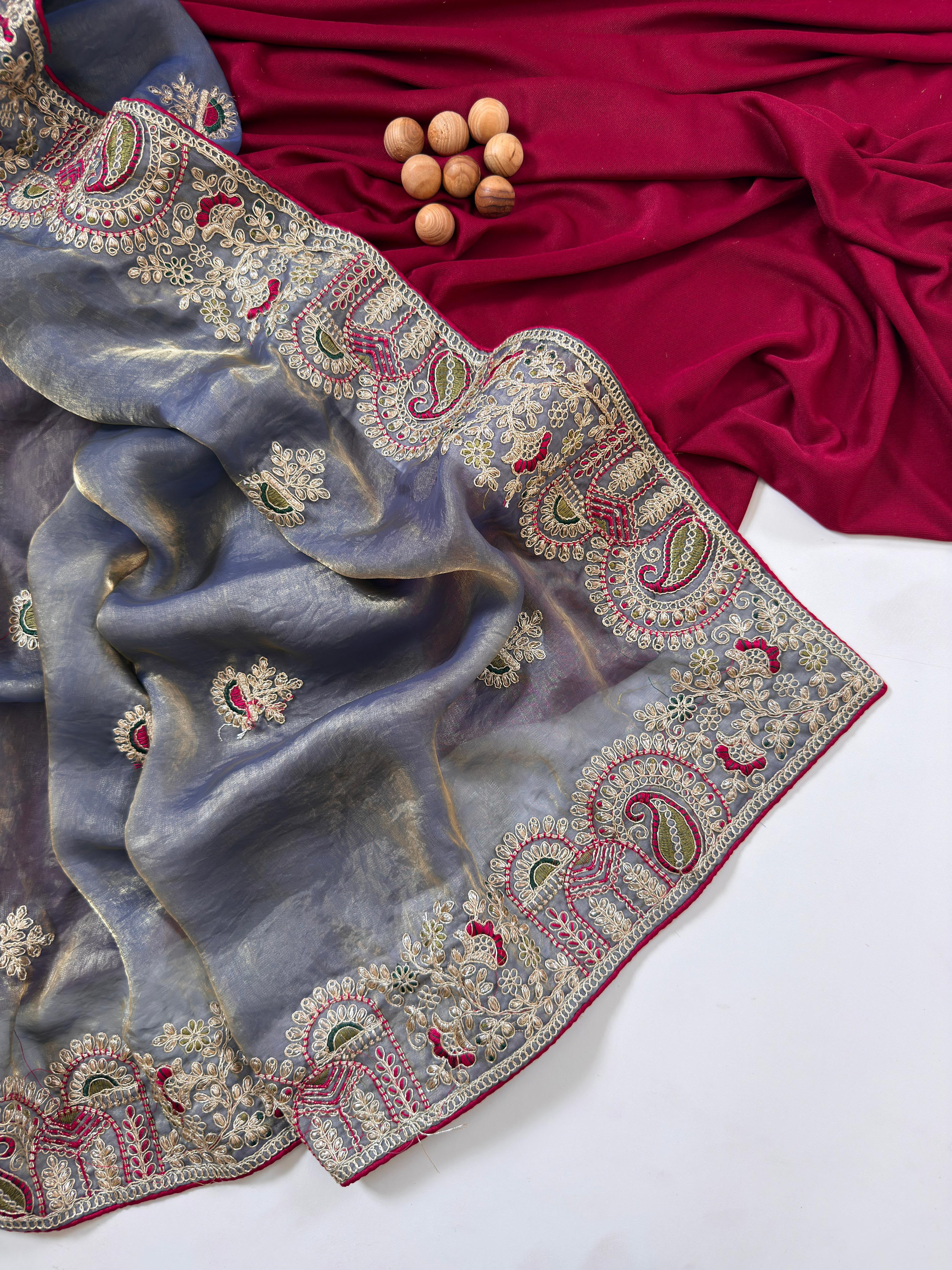 Contemporary Wedding Wear Silk Embroidery n Thread Work Border Fancy Saree With Blissful Blouse Piece