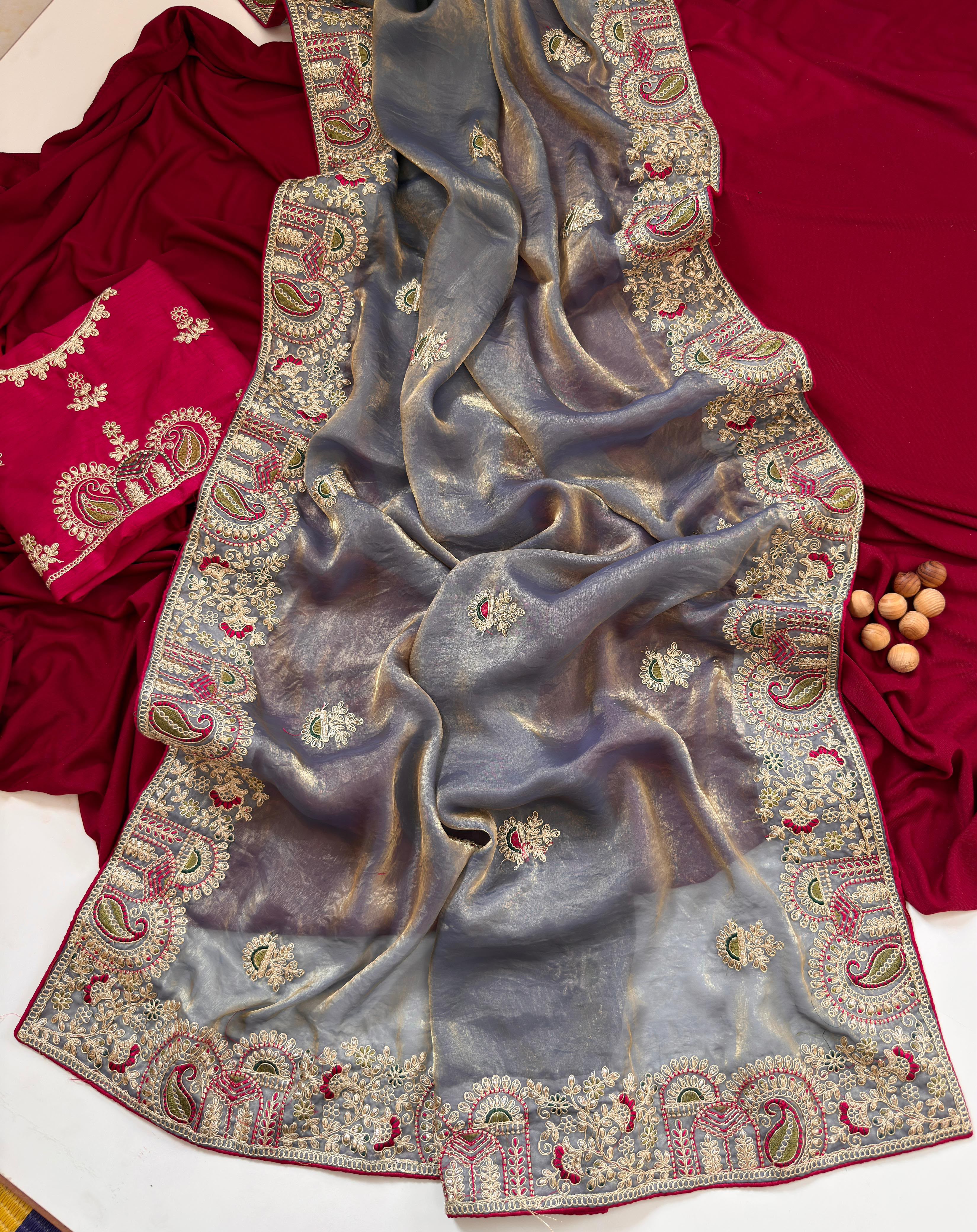 Contemporary Wedding Wear Silk Embroidery n Thread Work Border Fancy Saree With Blissful Blouse Piece