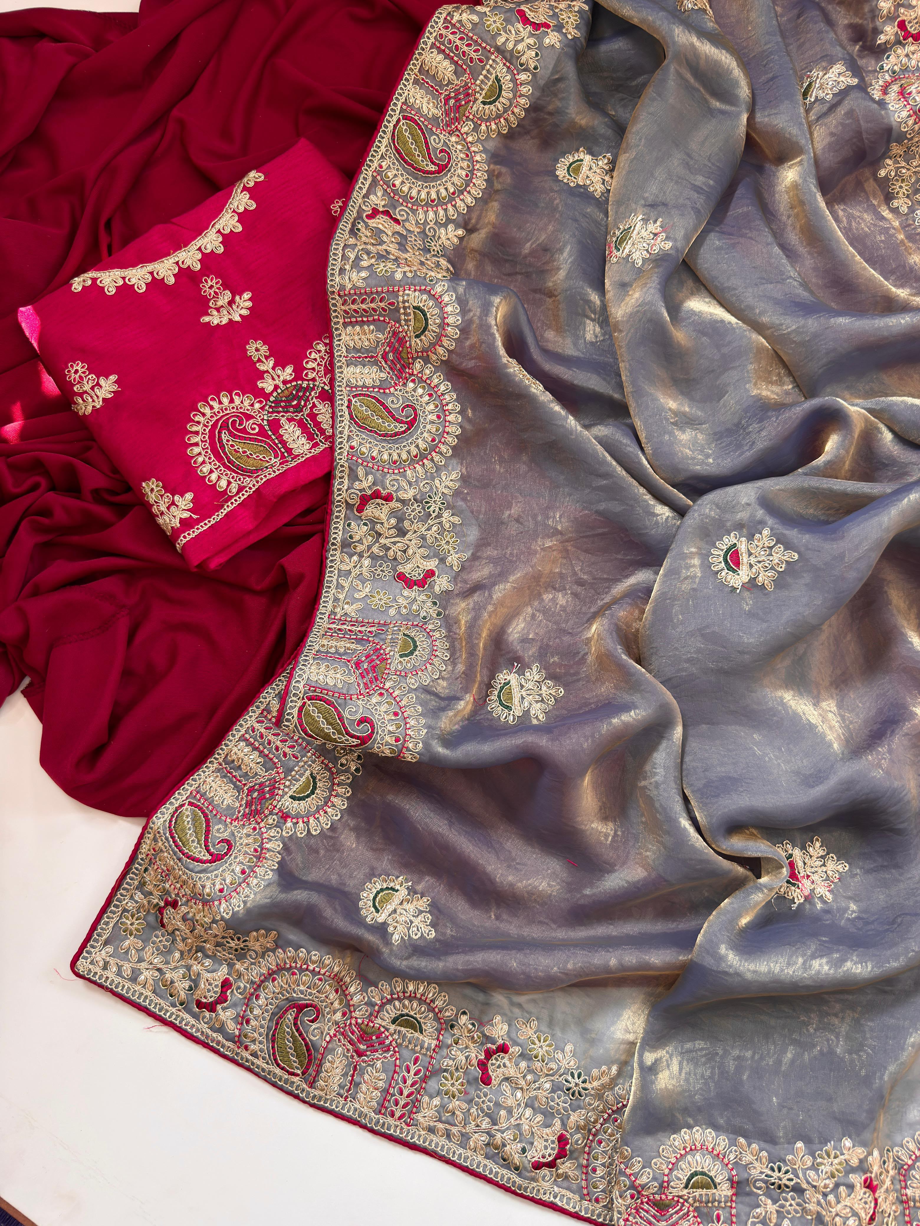 Contemporary Wedding Wear Silk Embroidery n Thread Work Border Fancy Saree With Blissful Blouse Piece