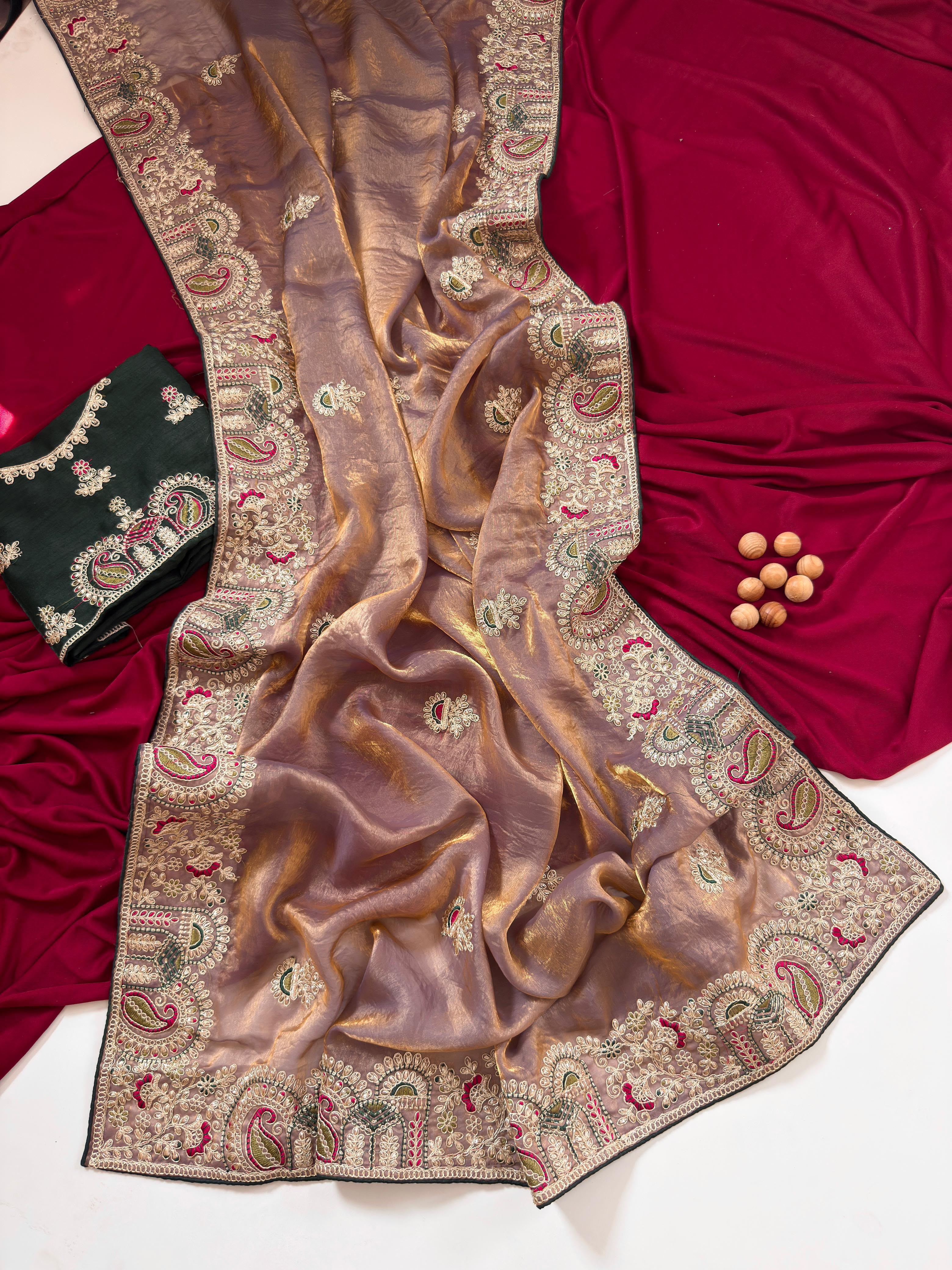 Contemporary Wedding Wear Silk Embroidery n Thread Work Border Fancy Saree With Blissful Blouse Piece