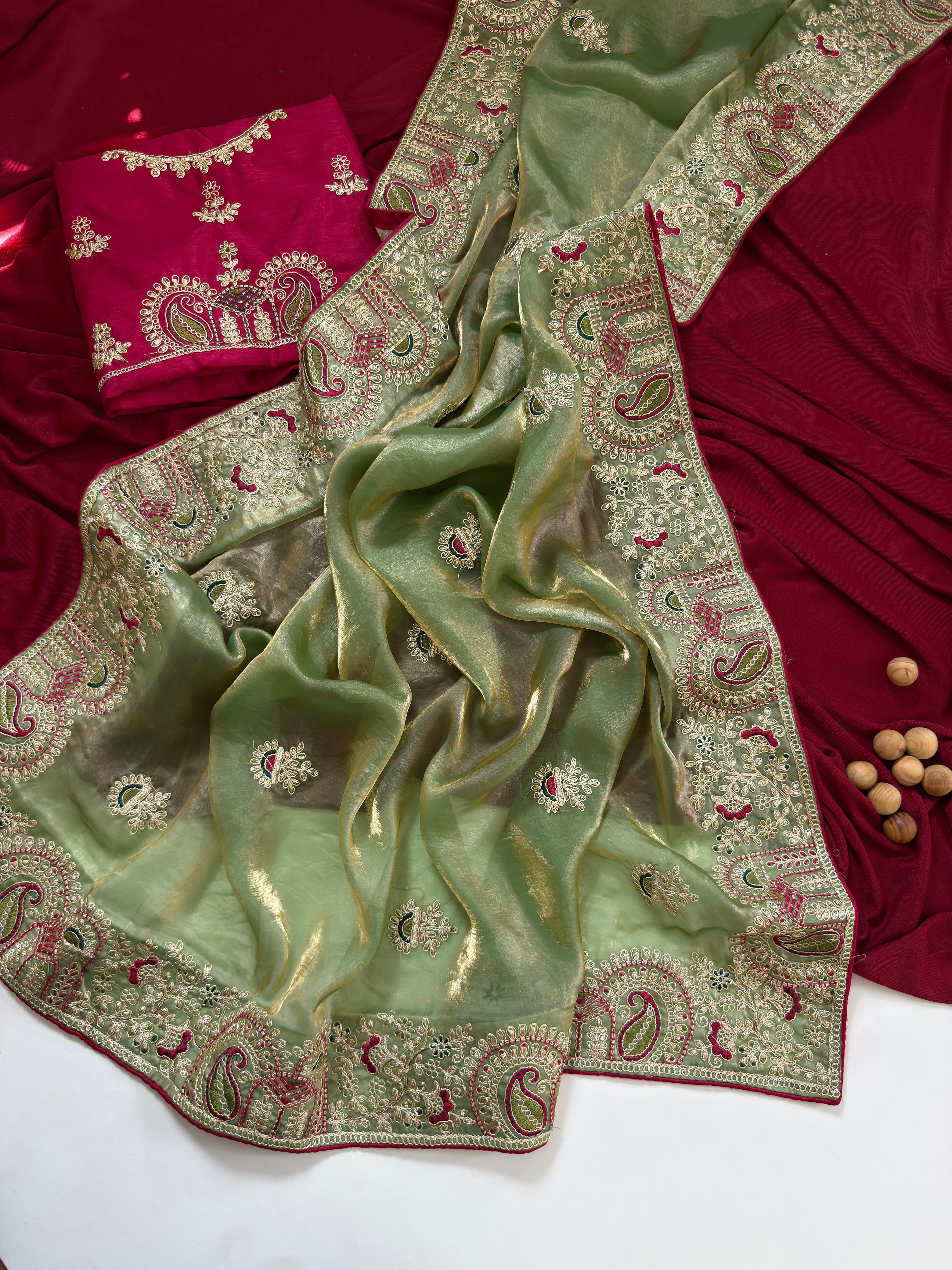 Contemporary Wedding Wear Silk Embroidery n Thread Work Border Fancy Saree With Blissful Blouse Piece