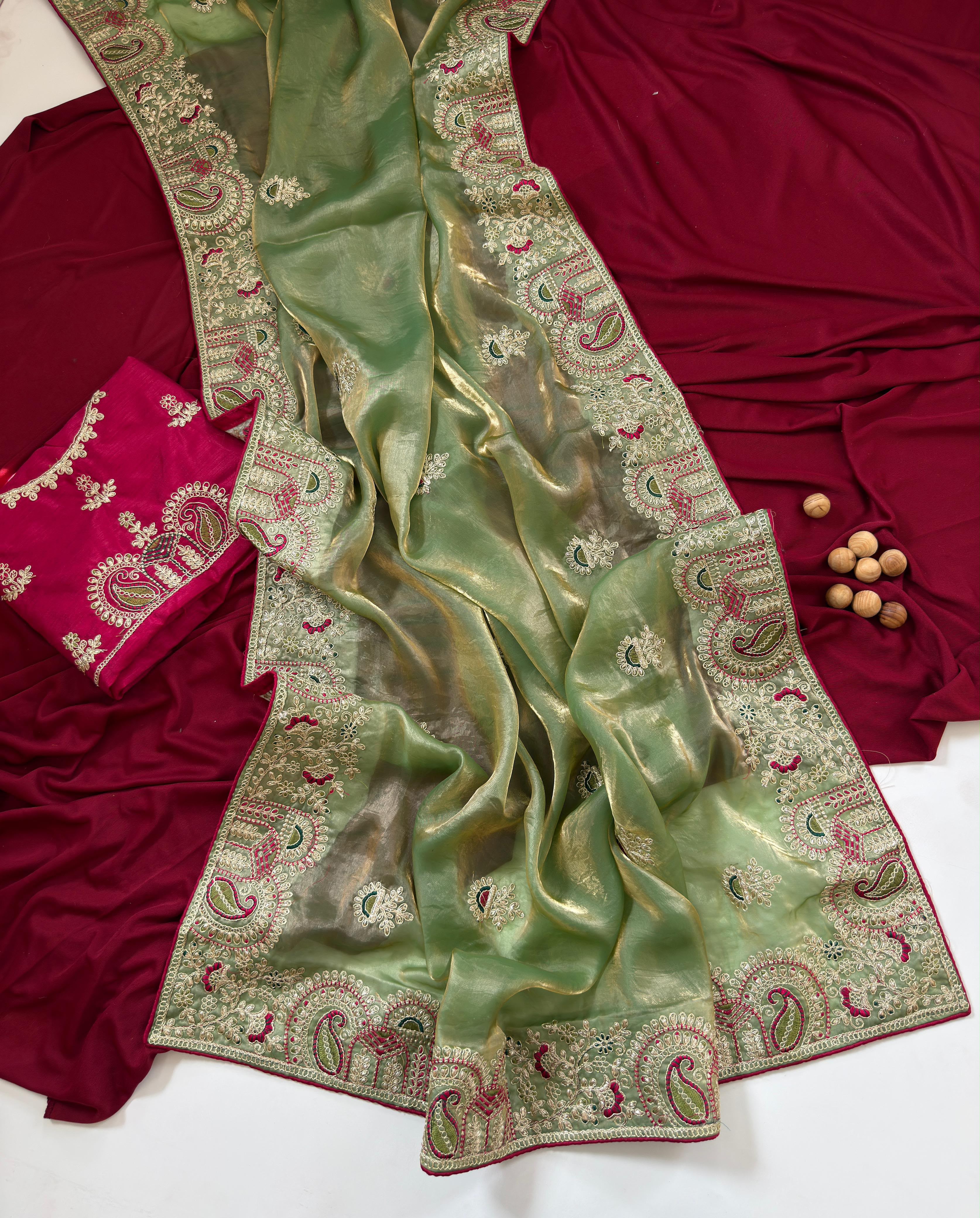 Contemporary Wedding Wear Silk Embroidery n Thread Work Border Fancy Saree With Blissful Blouse Piece