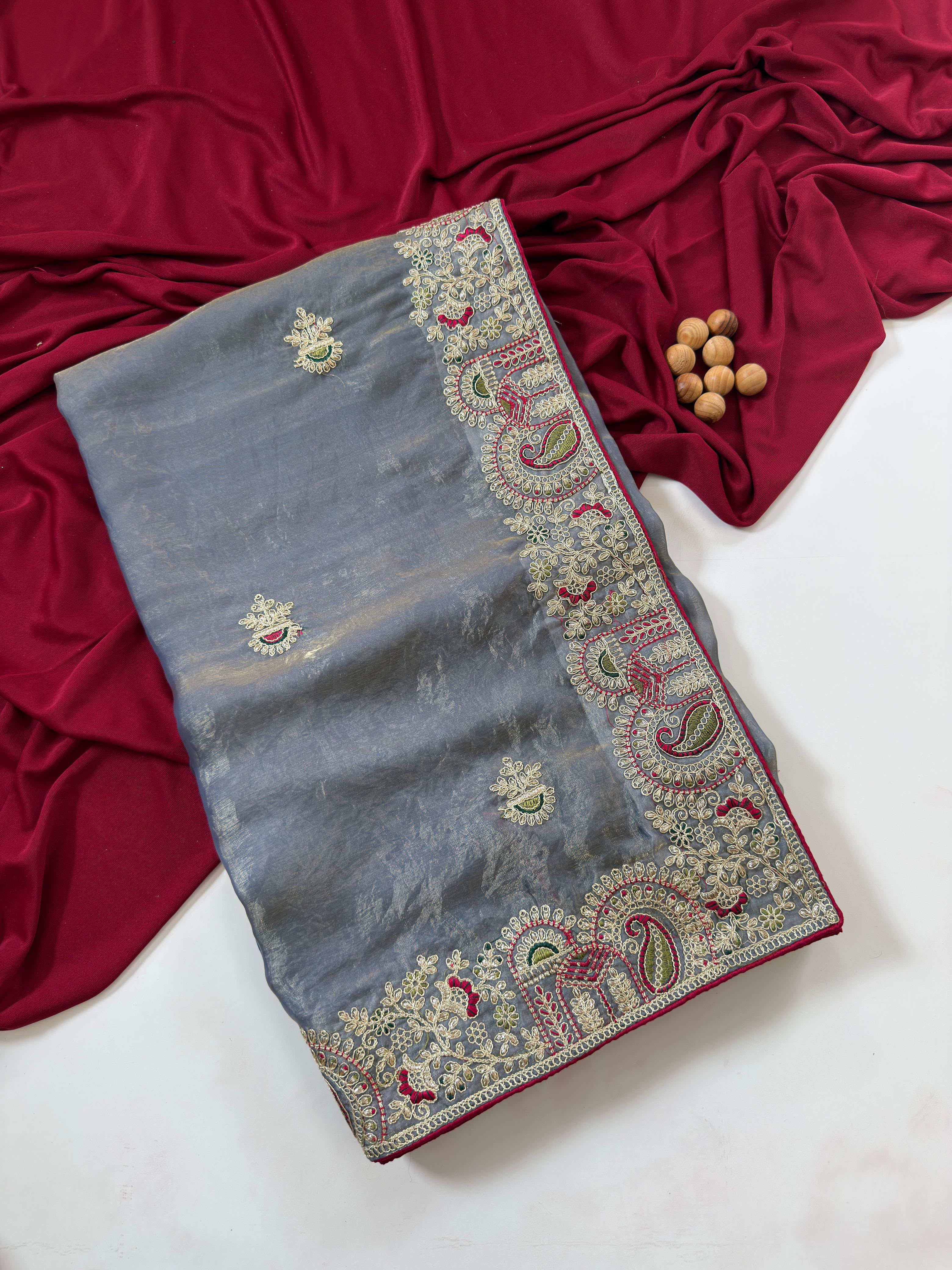Contemporary Wedding Wear Silk Embroidery n Thread Work Border Fancy Saree With Blissful Blouse Piece