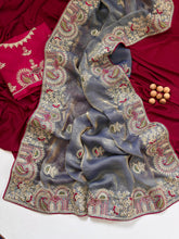 Load image into Gallery viewer, Contemporary Wedding Wear Silk Embroidery n Thread Work Border Fancy Saree With Blissful Blouse Piece
