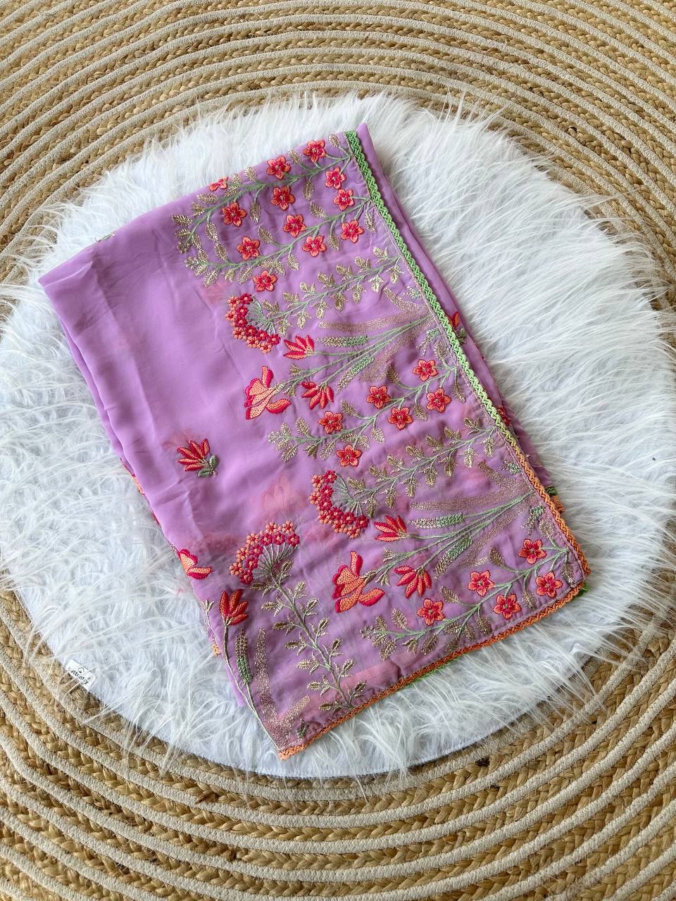 Charming Party Wear Georgette Multi Embroidery n Thread Work Fancy Saree With Blissful Blouse Piece