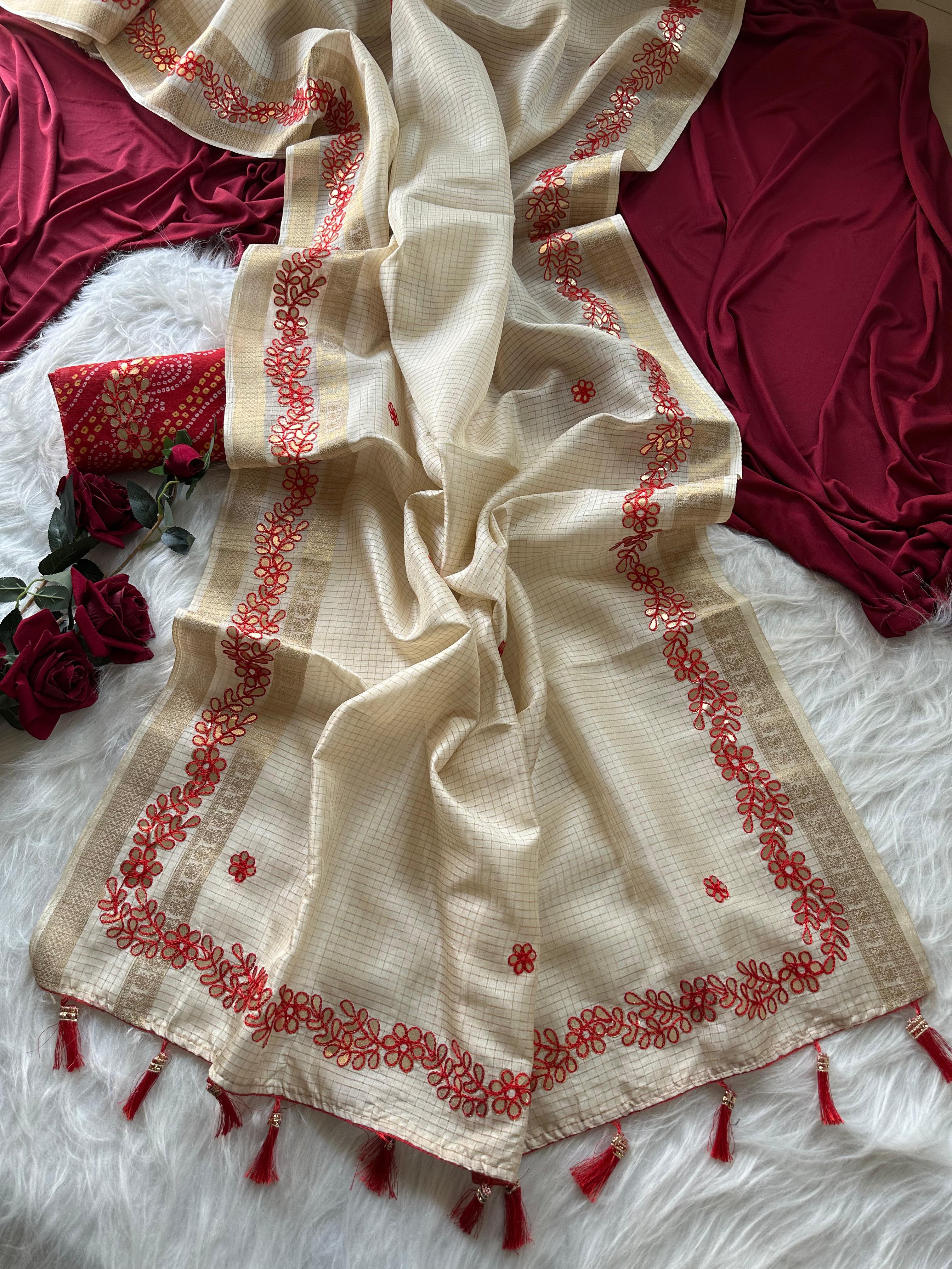 Graceful Function Wear Kota Doriya Gotapatti Work Fancy Saree With Blissful Blouse Piece