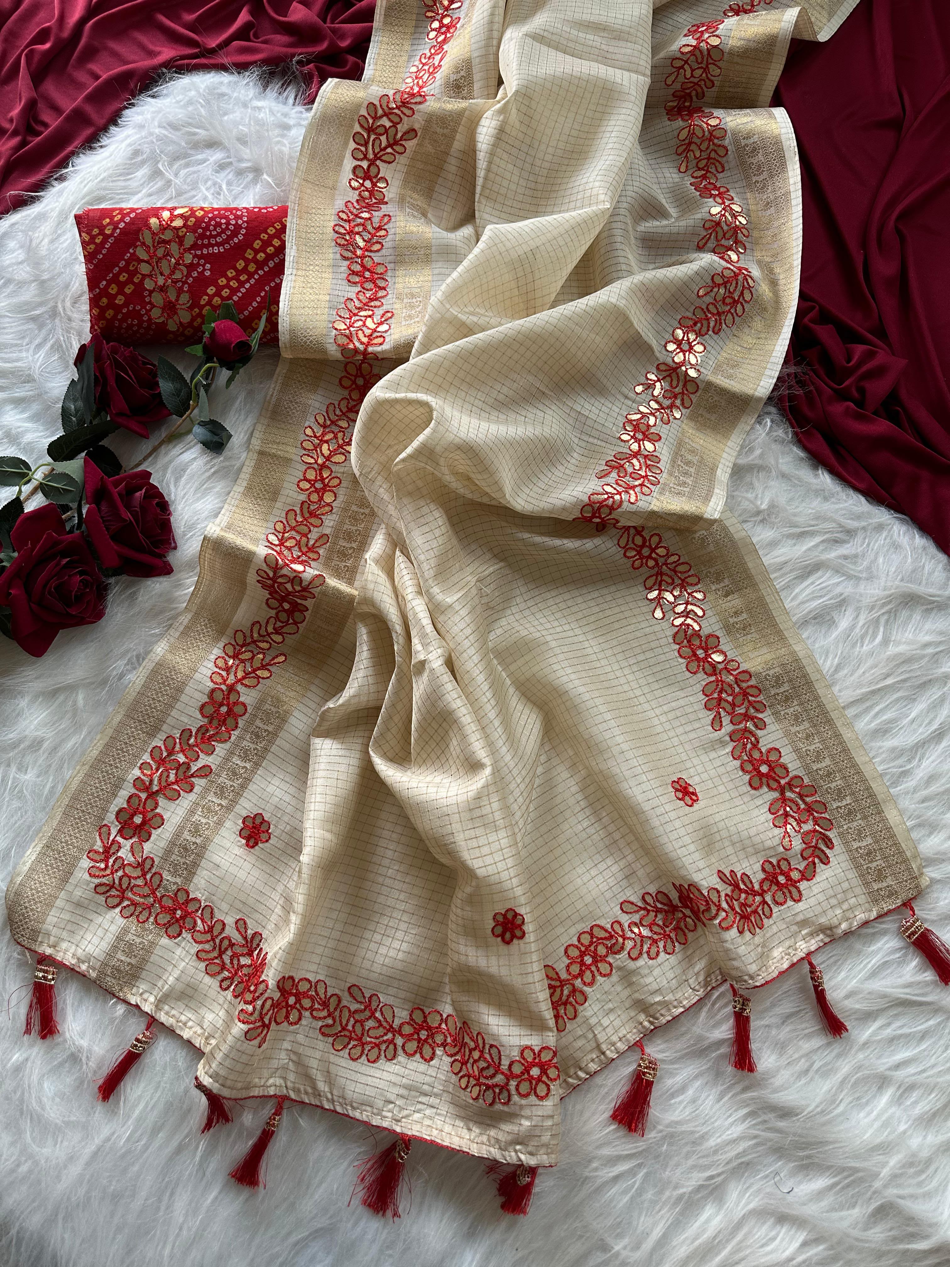 Graceful Function Wear Kota Doriya Gotapatti Work Fancy Saree With Blissful Blouse Piece