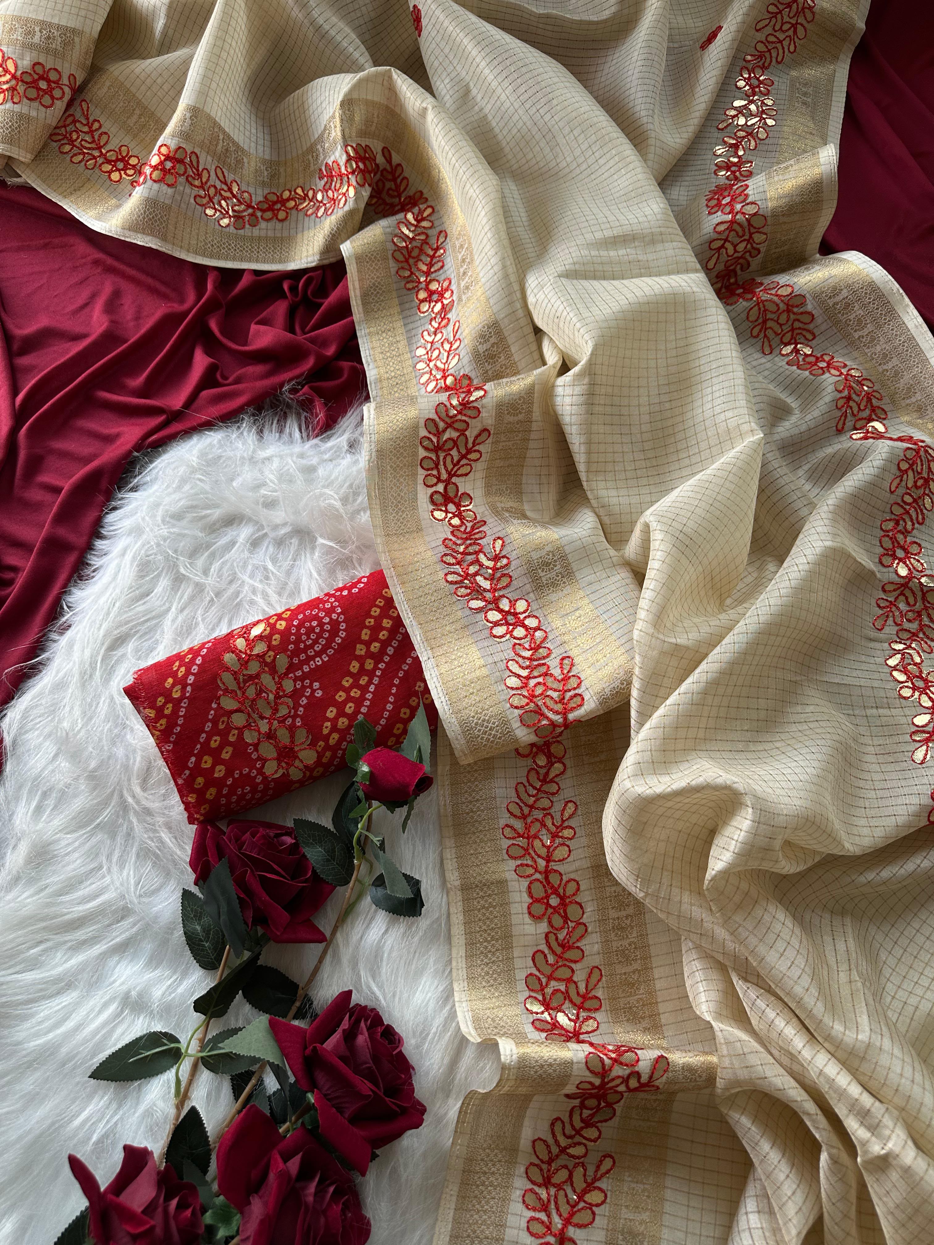 Graceful Function Wear Kota Doriya Gotapatti Work Fancy Saree With Blissful Blouse Piece
