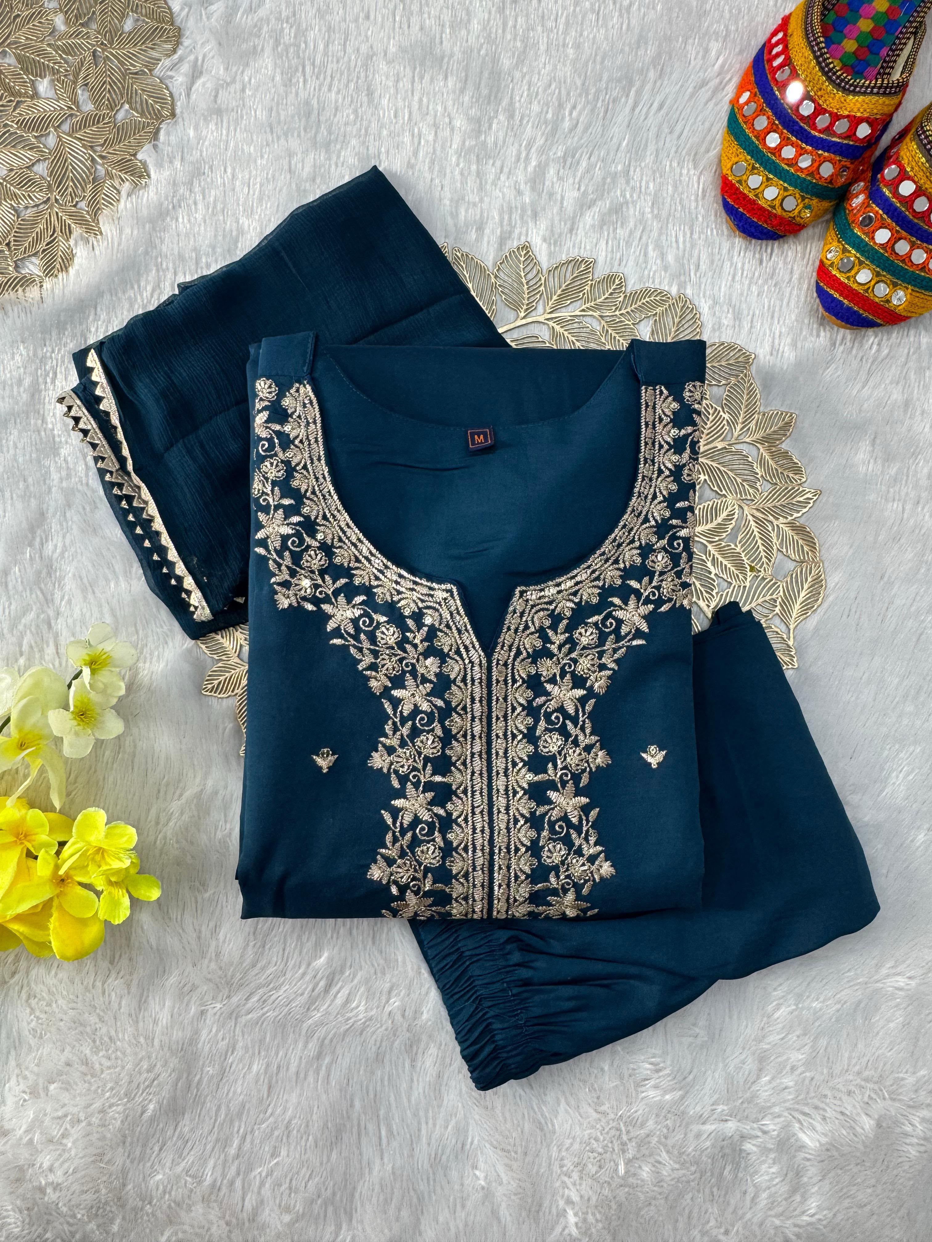 Effervescent Function Wear Roman Silk Embroidery n Sequence Work Designer Straight Kurta With Trouser n Dupatta Set