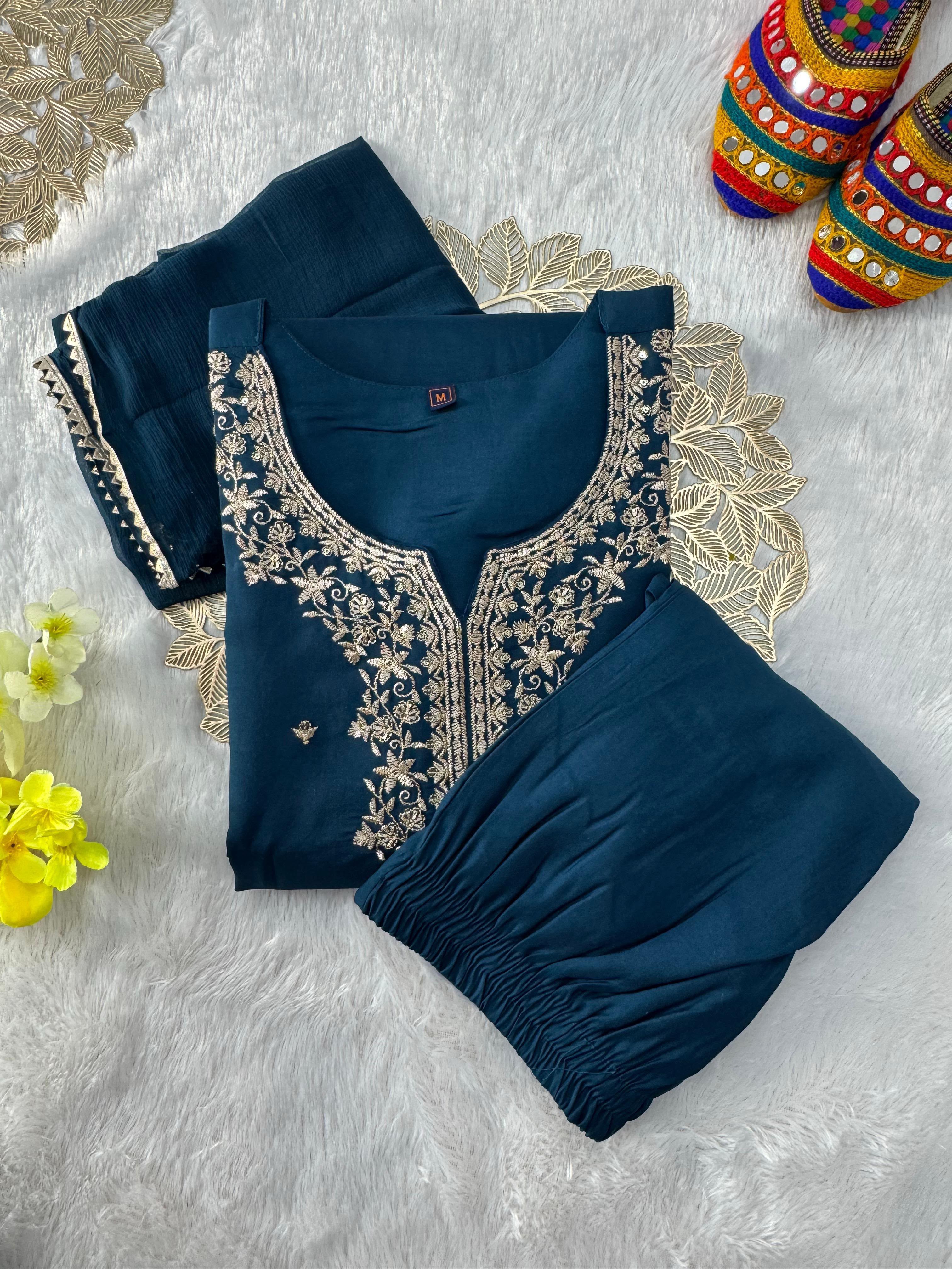 Effervescent Function Wear Roman Silk Embroidery n Sequence Work Designer Straight Kurta With Trouser n Dupatta Set