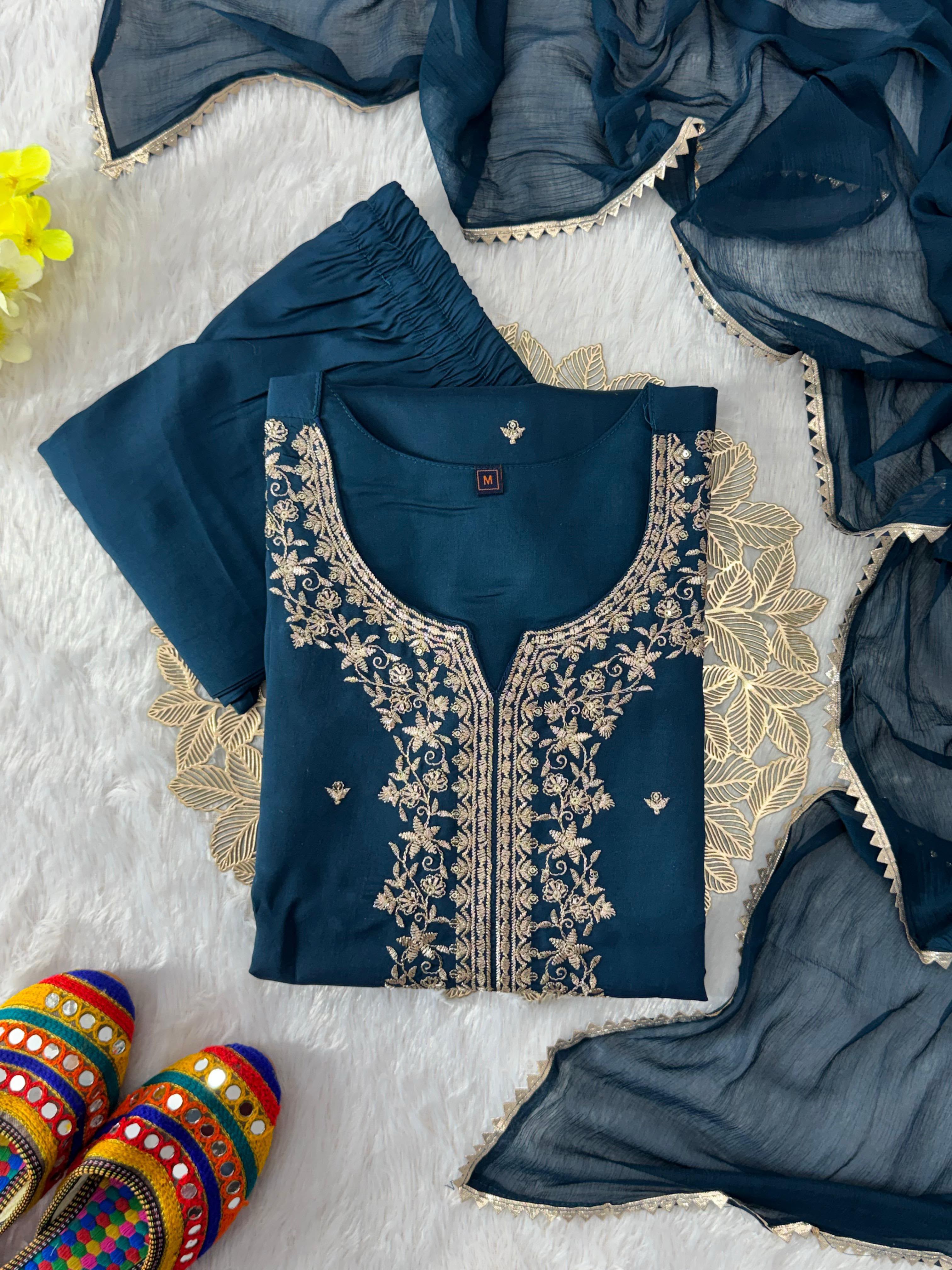 Effervescent Function Wear Roman Silk Embroidery n Sequence Work Designer Straight Kurta With Trouser n Dupatta Set
