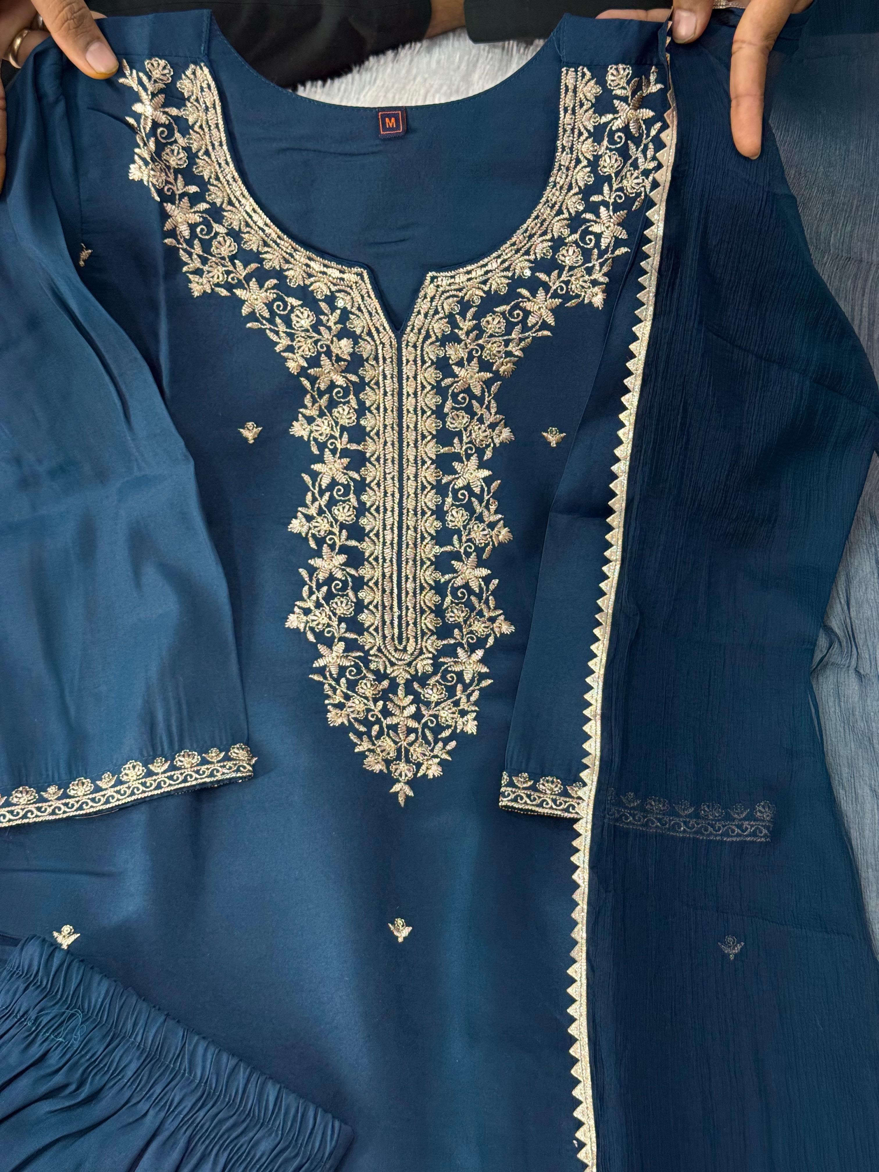 Effervescent Function Wear Roman Silk Embroidery n Sequence Work Designer Straight Kurta With Trouser n Dupatta Set