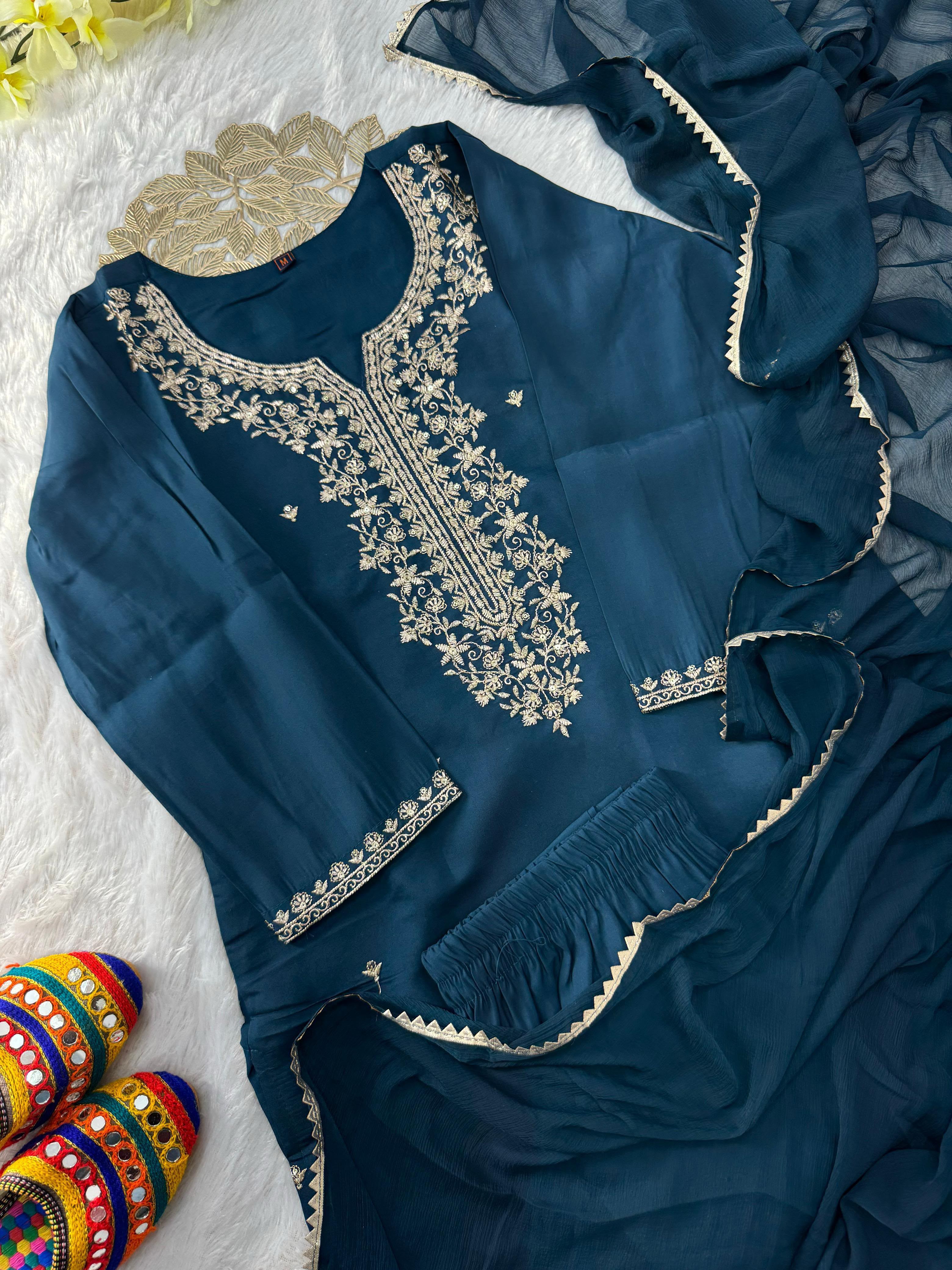 Effervescent Function Wear Roman Silk Embroidery n Sequence Work Designer Straight Kurta With Trouser n Dupatta Set