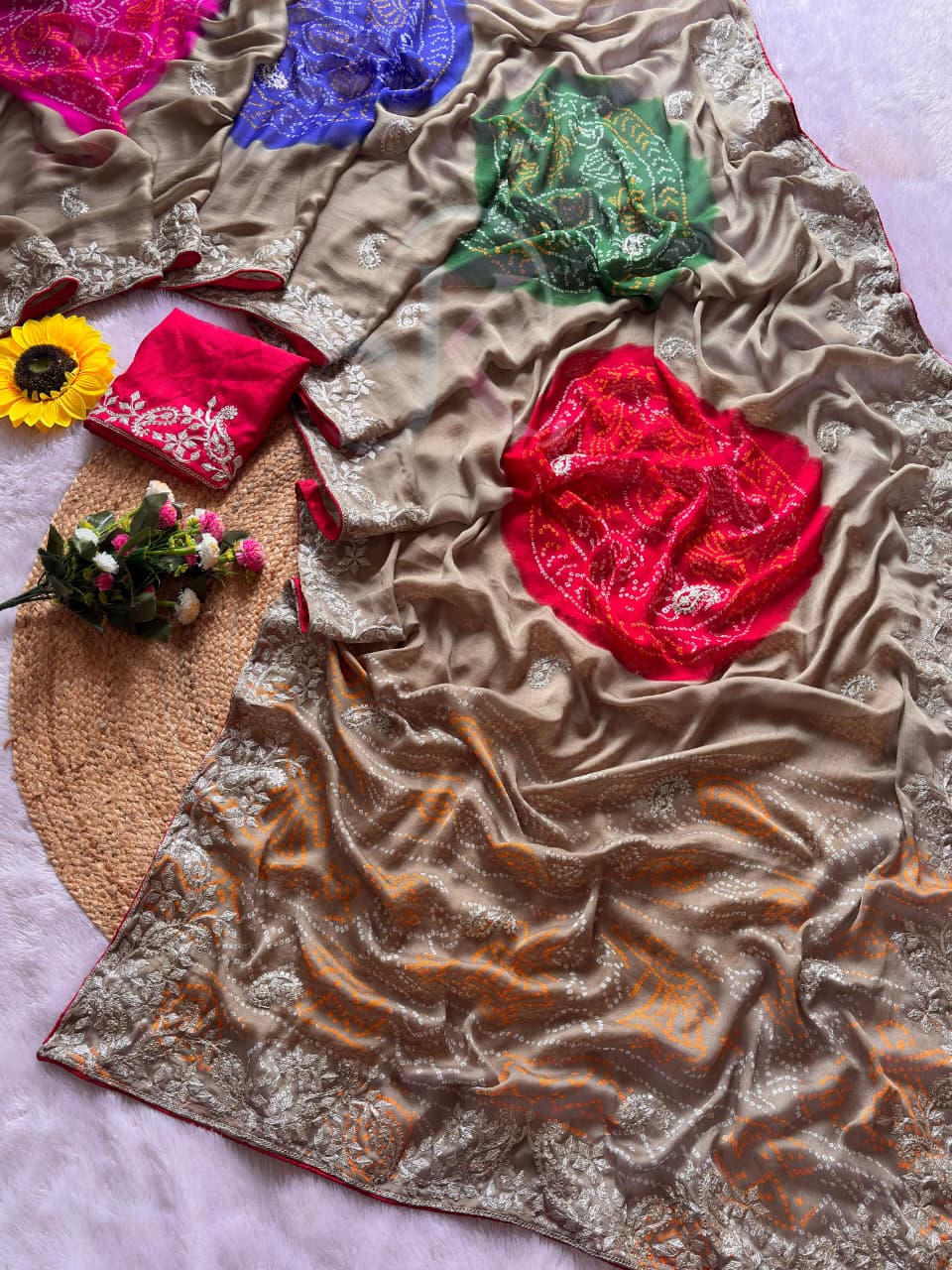 Quintessential Festive Wear Chiffon Silk Embroidery Work Fancy Saree With Contrast Blouse Piece