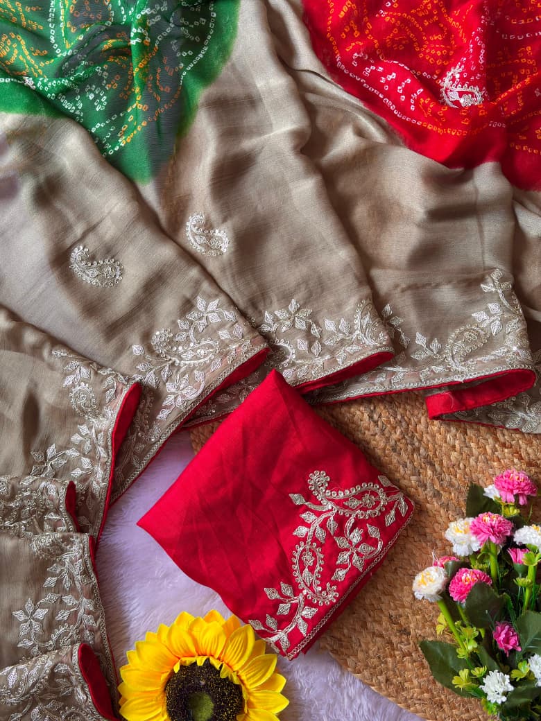 Quintessential Festive Wear Chiffon Silk Embroidery Work Fancy Saree With Contrast Blouse Piece