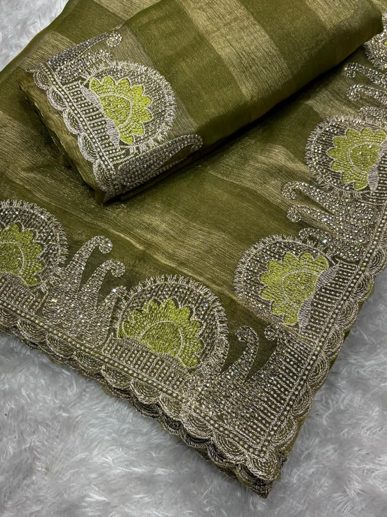 Quintessential Party Wear Pure Soft Chiffon Embroidery Sequence n Siroski Work Fancy Saree With Blouse Piece