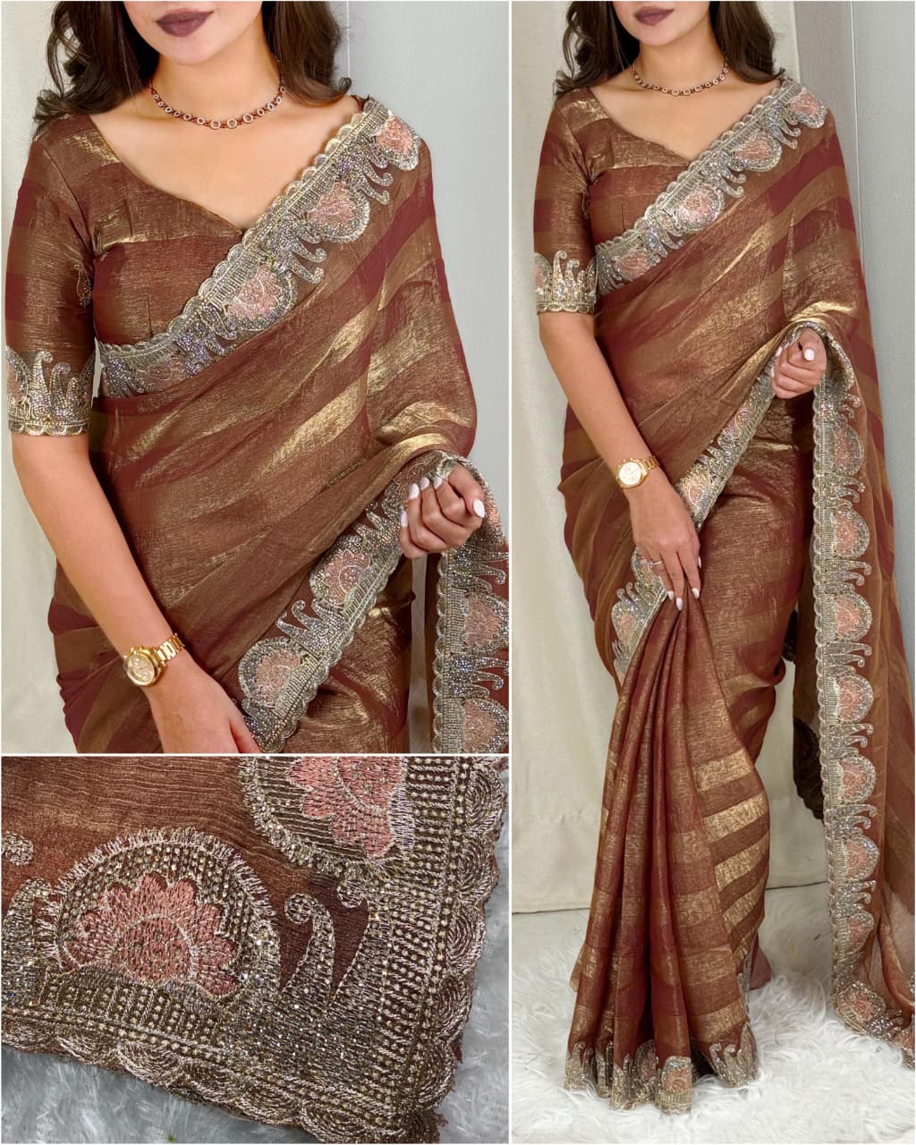 Quintessential Party Wear Pure Soft Chiffon Embroidery Sequence n Siroski Work Fancy Saree With Blouse Piece