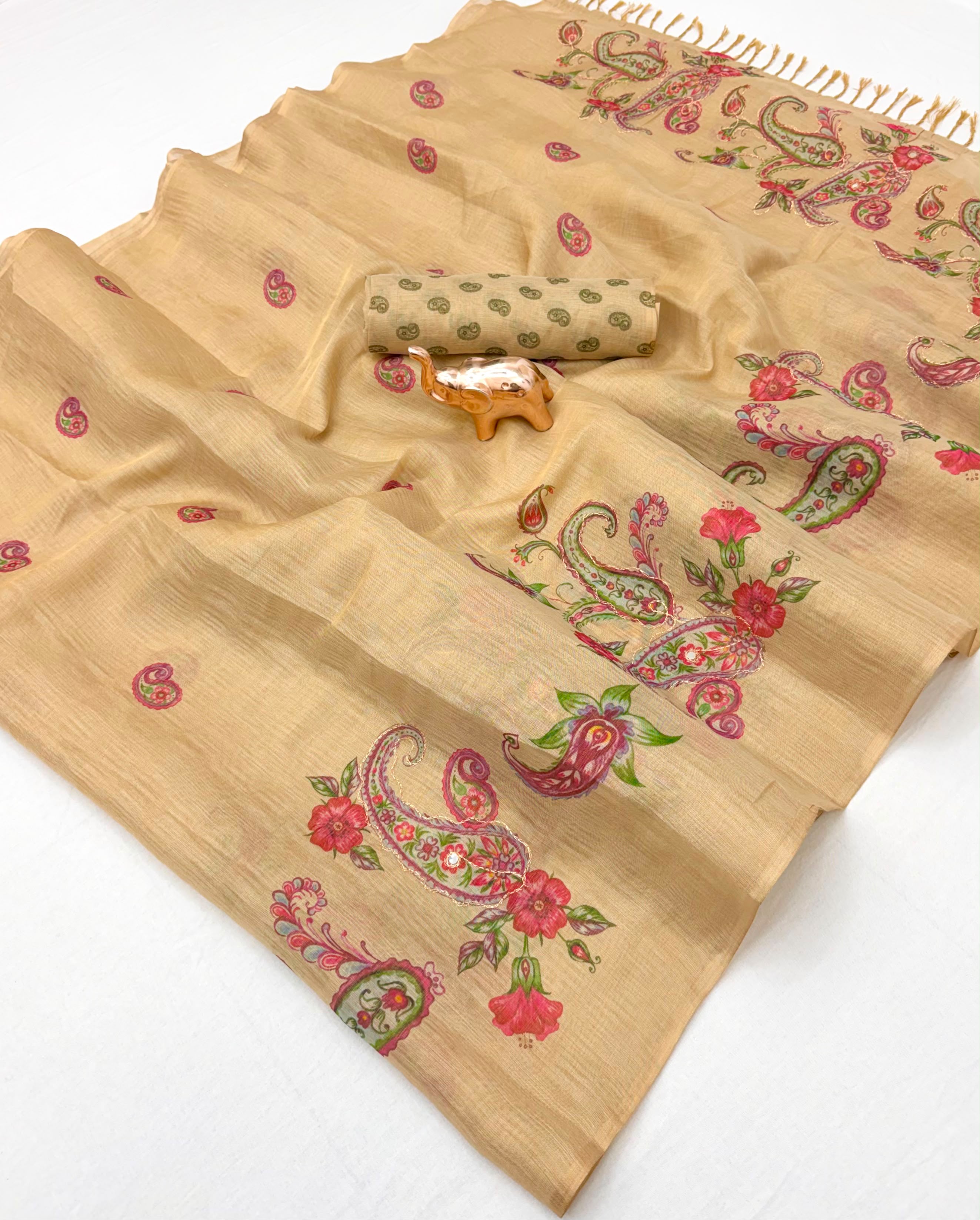 Innovative Function Wear Tissue Silk Digital Print Fancy Saree With Blouse Piece