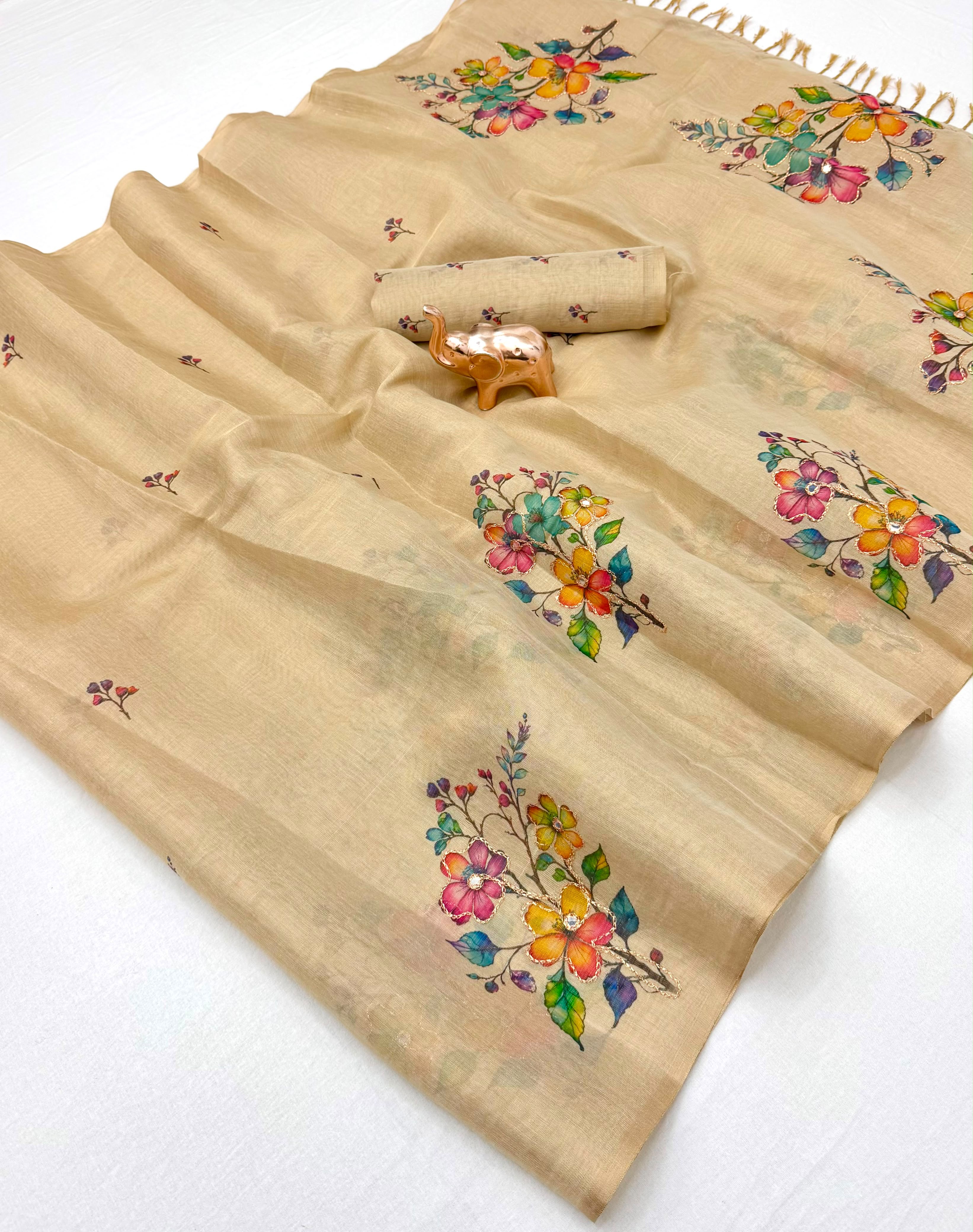 Innovative Function Wear Tissue Silk Digital Print Fancy Saree With Blouse Piece