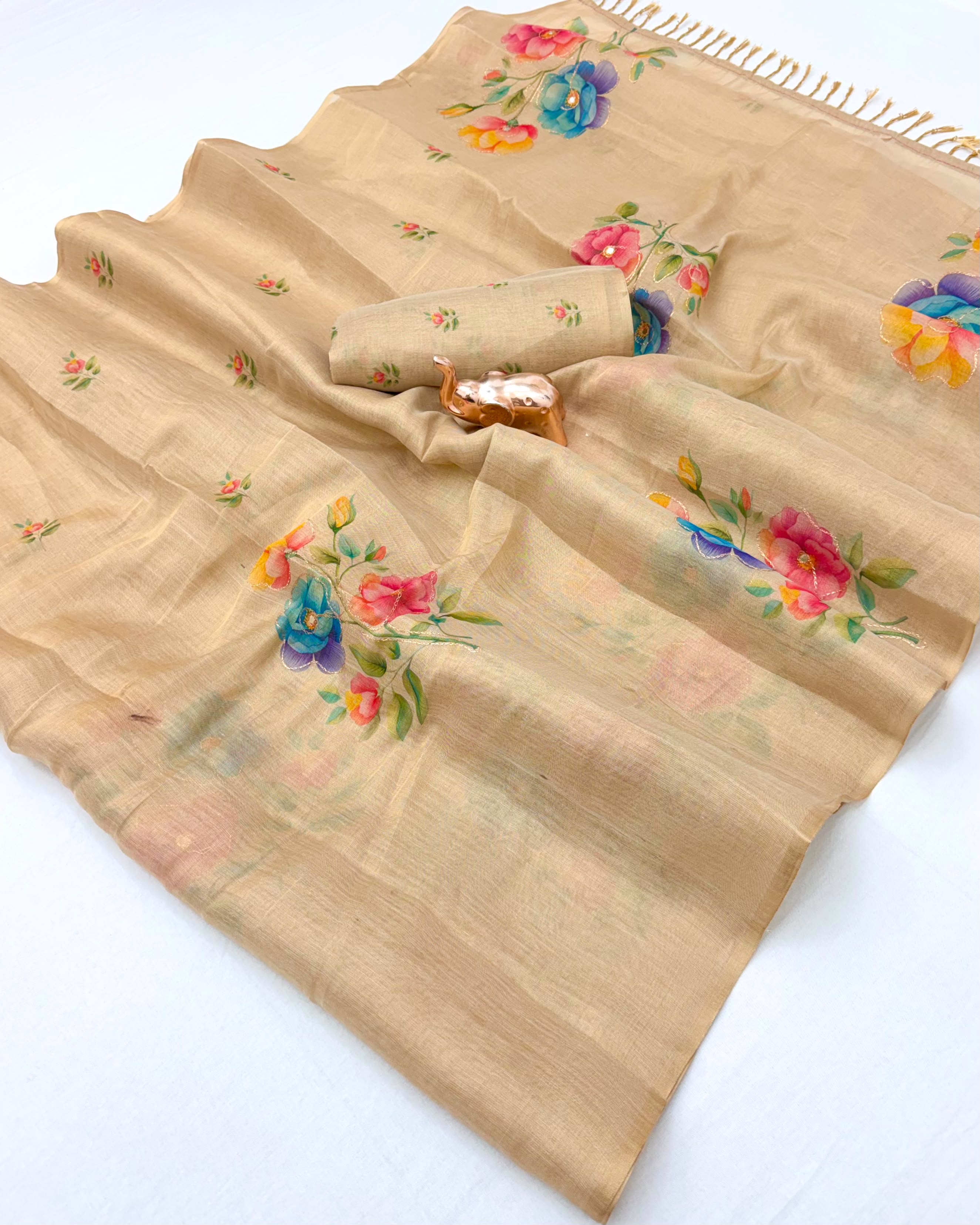 Innovative Function Wear Tissue Silk Digital Print Fancy Saree With Blouse Piece
