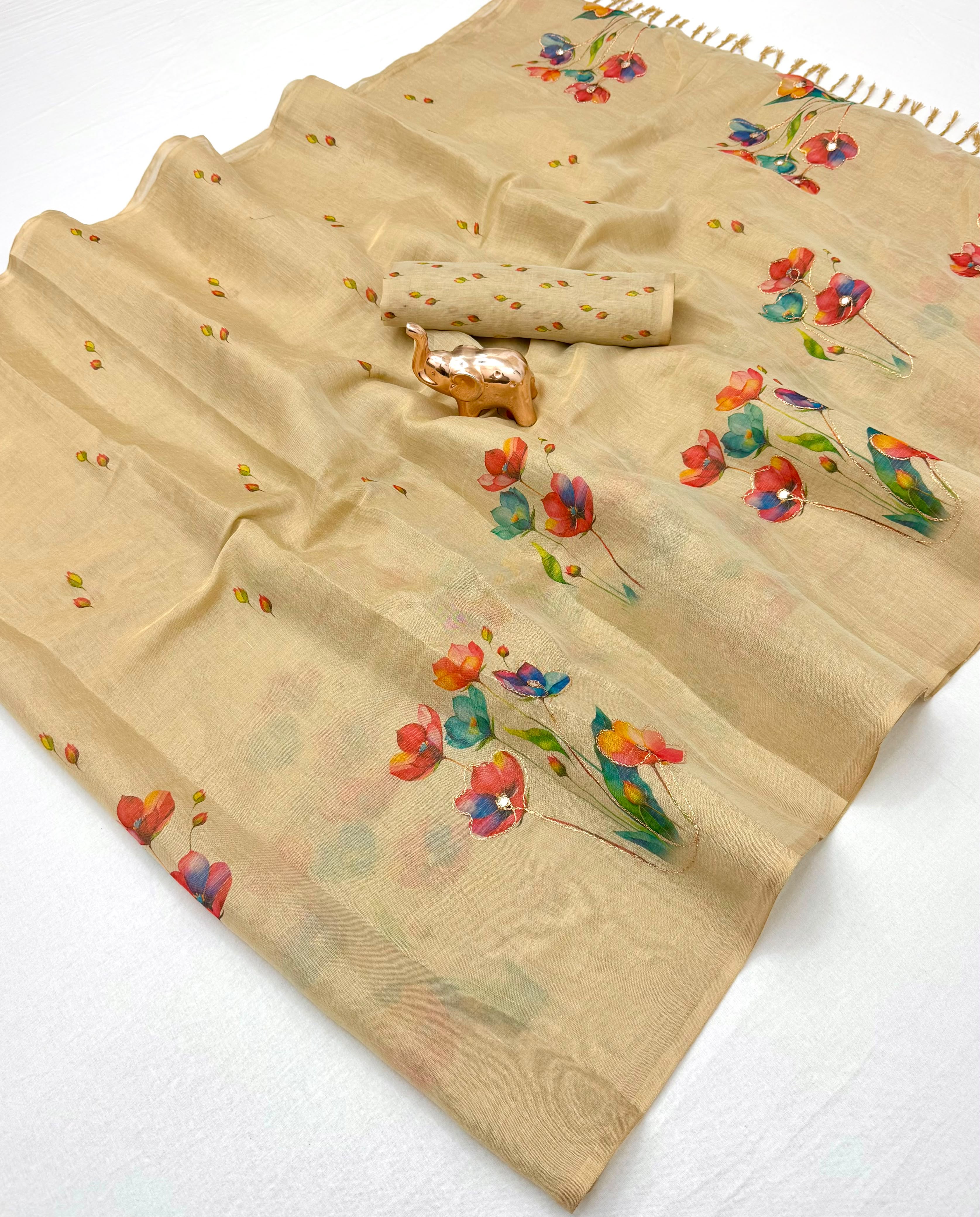 Innovative Function Wear Tissue Silk Digital Print Fancy Saree With Blouse Piece