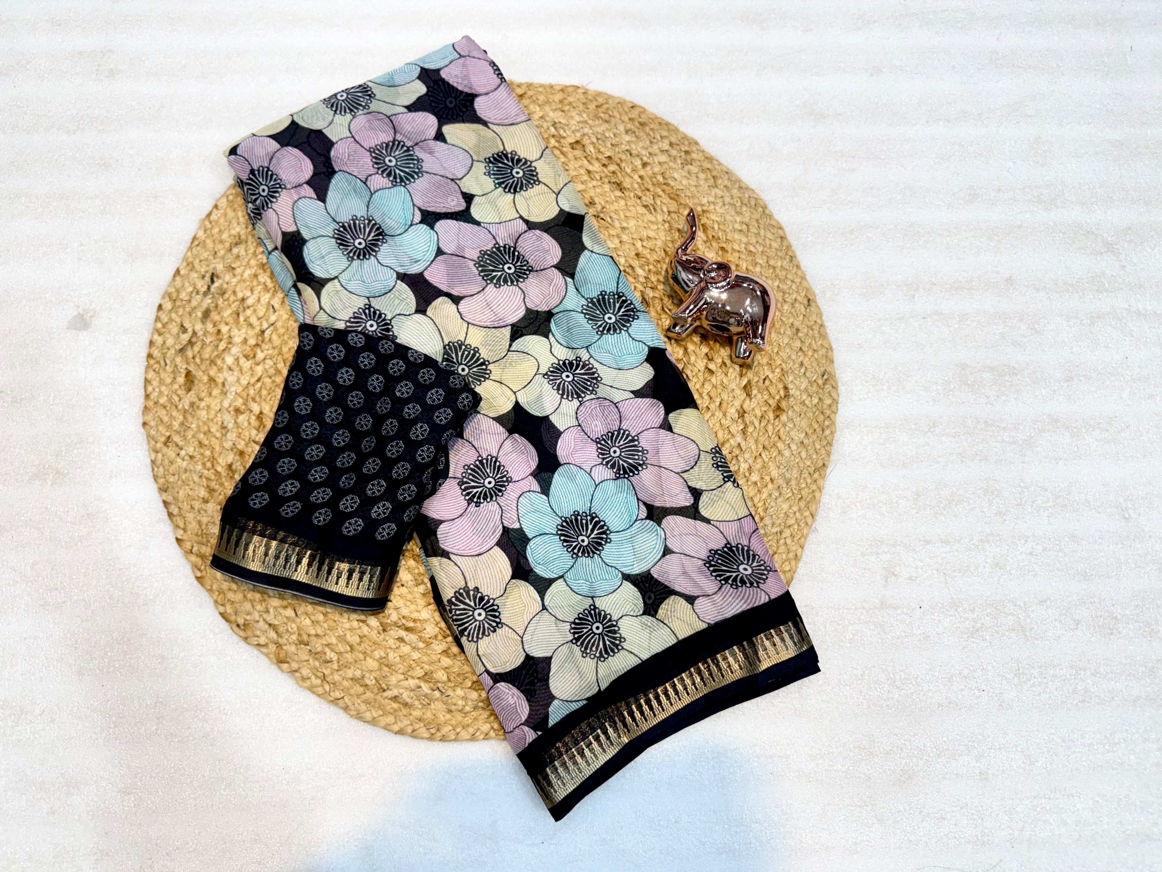 Exuberant Party Wear Soft Silk Floral Print Jacquard Border Rich Pallu Fancy Saree With Contrast Blouse Piece