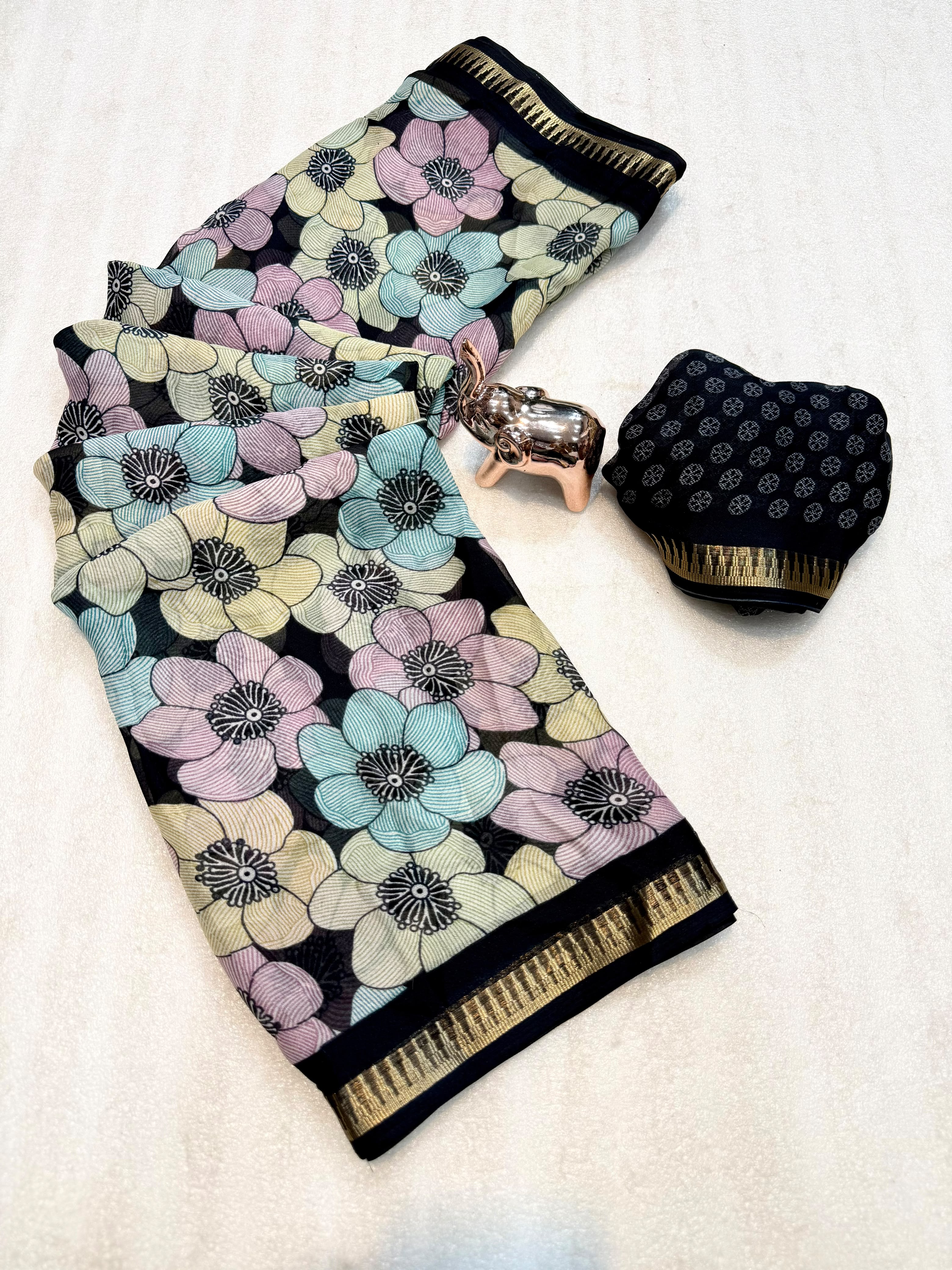 Exuberant Party Wear Soft Silk Floral Print Jacquard Border Rich Pallu Fancy Saree With Contrast Blouse Piece