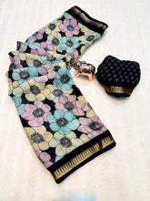 Load image into Gallery viewer, Exuberant Party Wear Soft Silk Floral Print Jacquard Border Rich Pallu Fancy Saree With Contrast Blouse Piece
