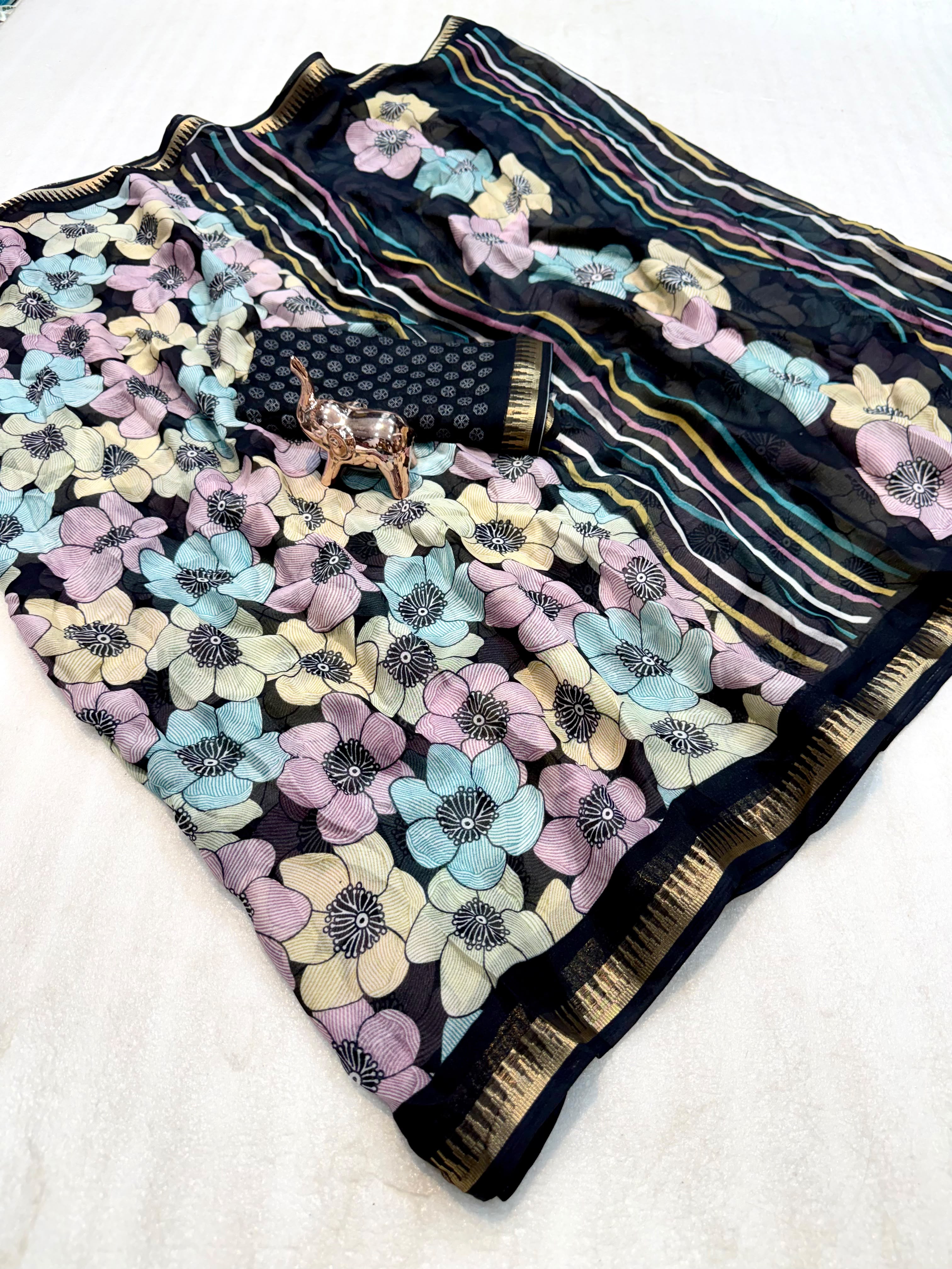 Exuberant Party Wear Soft Silk Floral Print Jacquard Border Rich Pallu Fancy Saree With Contrast Blouse Piece