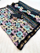 Load image into Gallery viewer, Exuberant Party Wear Soft Silk Floral Print Jacquard Border Rich Pallu Fancy Saree With Contrast Blouse Piece
