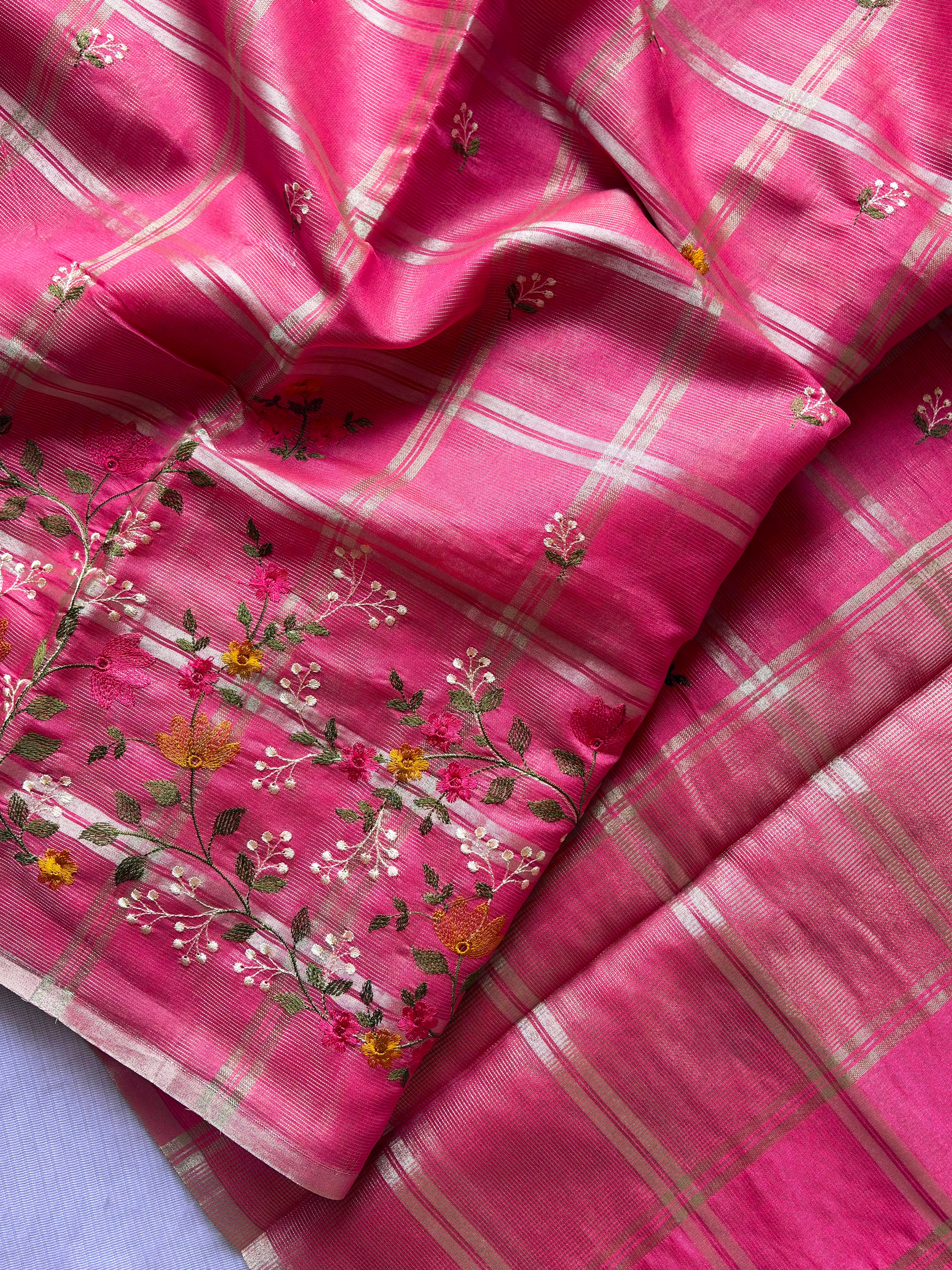 Traditiona Function Wear Soft Tussar Silk Embroidery n Zari Chex Design Saree For Wedding