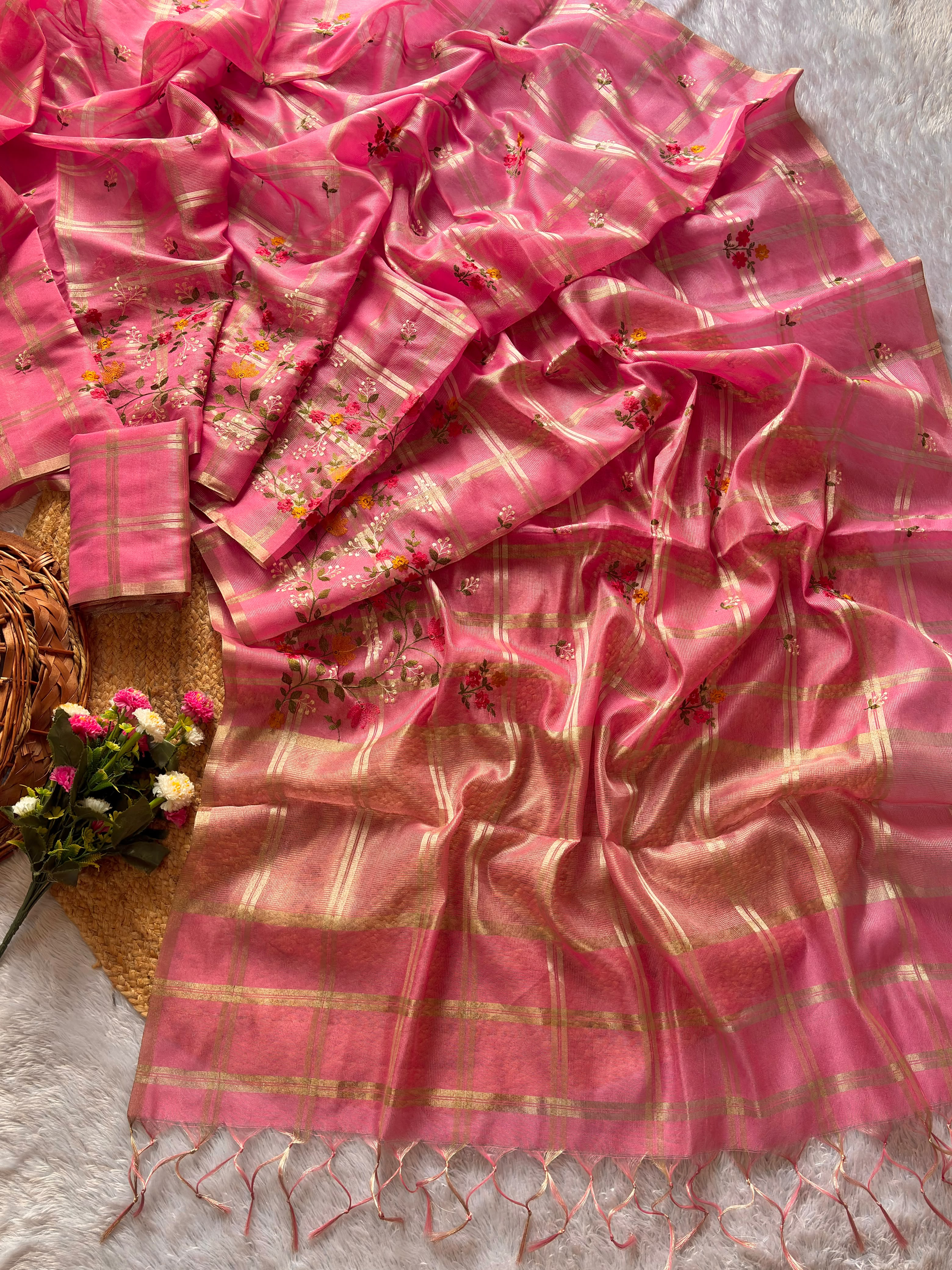 Traditiona Function Wear Soft Tussar Silk Embroidery n Zari Chex Design Saree For Wedding
