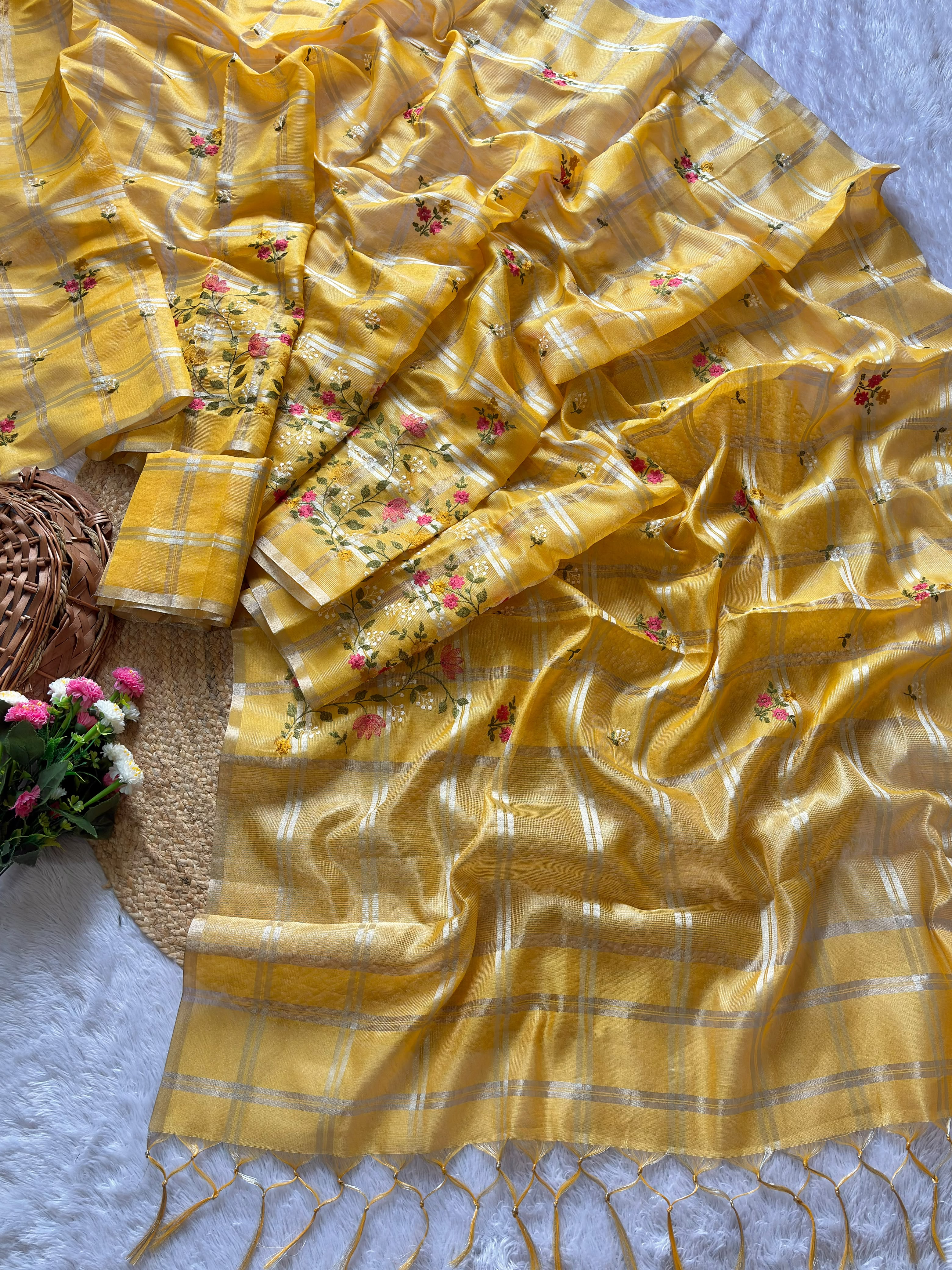 Traditiona Function Wear Soft Tussar Silk Embroidery n Zari Chex Design Saree For Wedding
