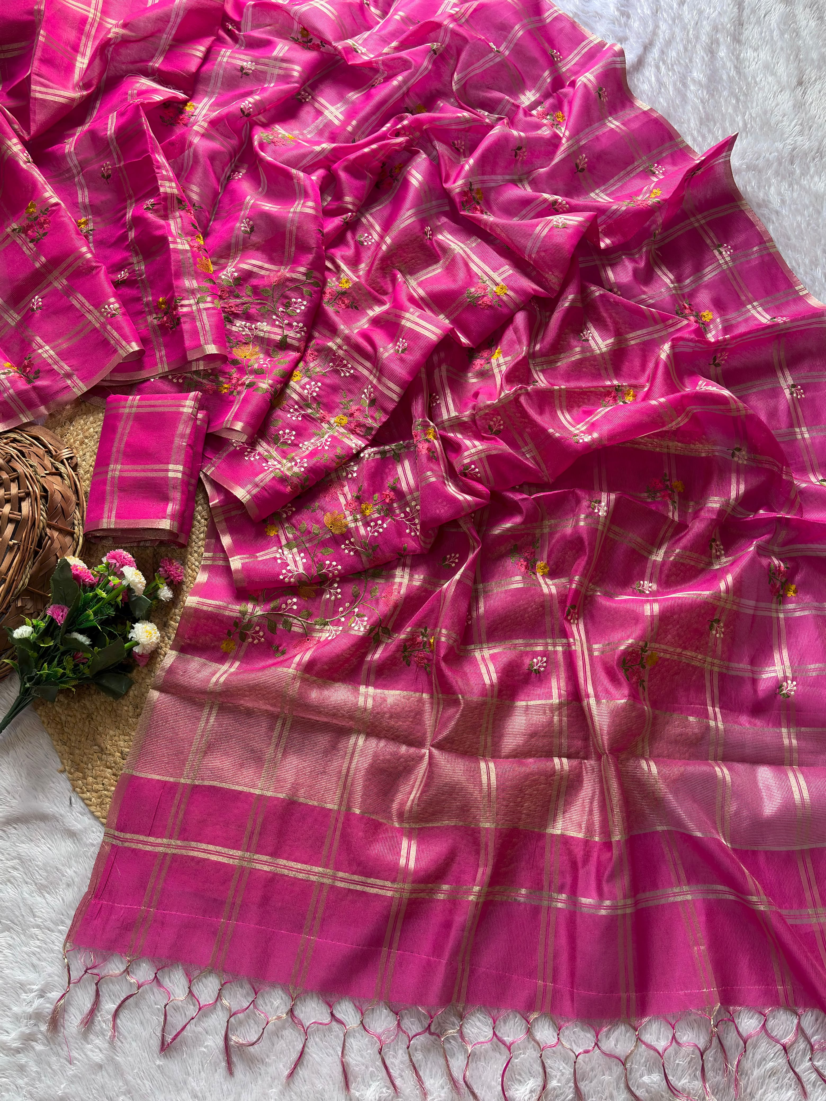 Traditiona Function Wear Soft Tussar Silk Embroidery n Zari Chex Design Saree For Wedding