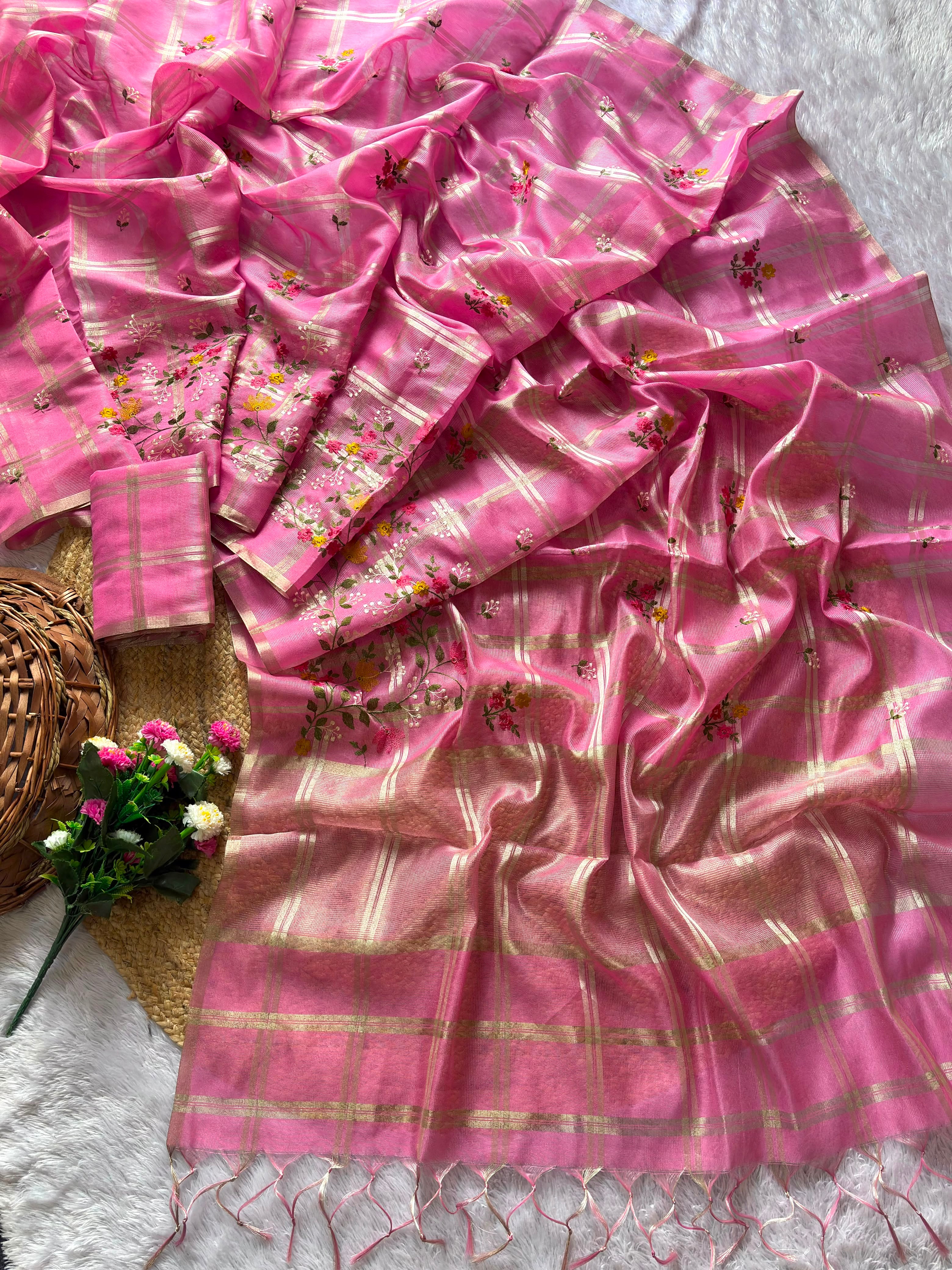 Traditiona Function Wear Soft Tussar Silk Embroidery n Zari Chex Design Saree For Wedding