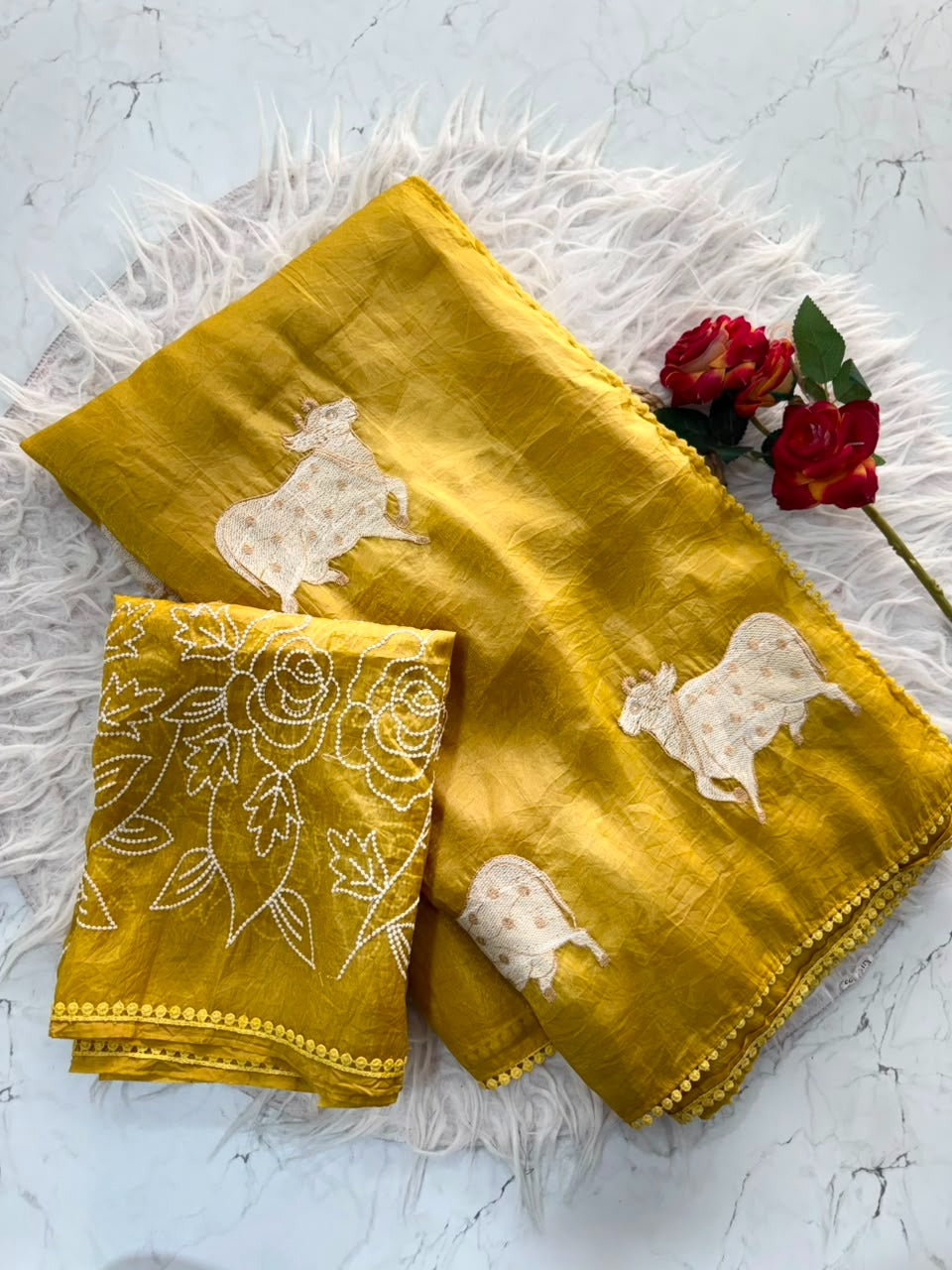 Delightful Festive Wear Silk Embroidery Work Fancy Designer Saree With Blouse Piece