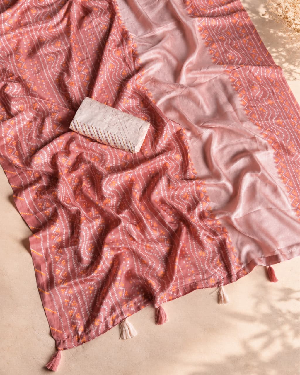 Delightful Party Wear Linen Cotton Bandhani Print Embroidered Work Designer Saree With Unstitched Blouse Piece