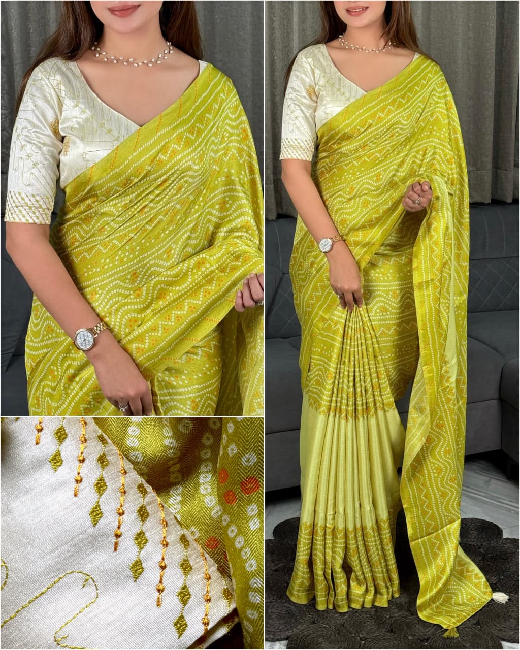 Delightful Party Wear Linen Cotton Bandhani Print Embroidered Work Designer Saree With Unstitched Blouse Piece