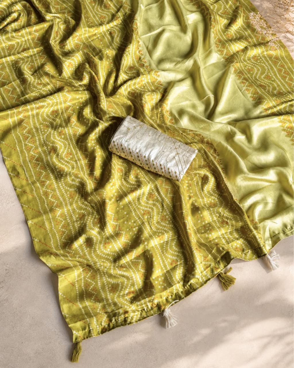 Delightful Party Wear Linen Cotton Bandhani Print Embroidered Work Designer Saree With Unstitched Blouse Piece