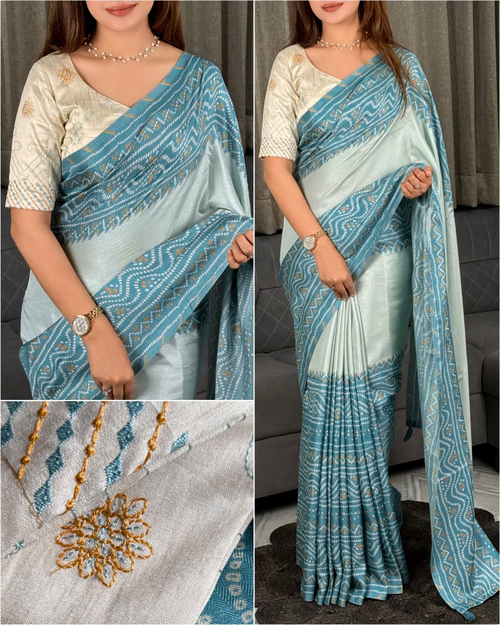 Delightful Party Wear Linen Cotton Bandhani Print Embroidered Work Designer Saree With Unstitched Blouse Piece