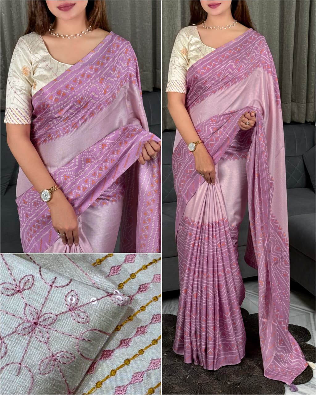 Delightful Party Wear Linen Cotton Bandhani Print Embroidered Work Designer Saree With Unstitched Blouse Piece