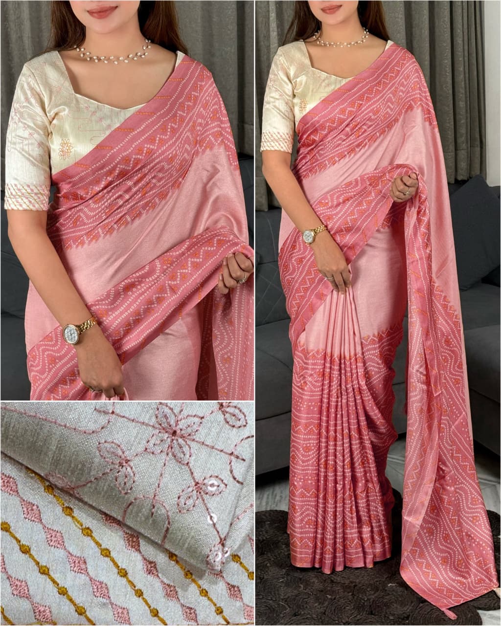 Delightful Party Wear Linen Cotton Bandhani Print Embroidered Work Designer Saree With Unstitched Blouse Piece