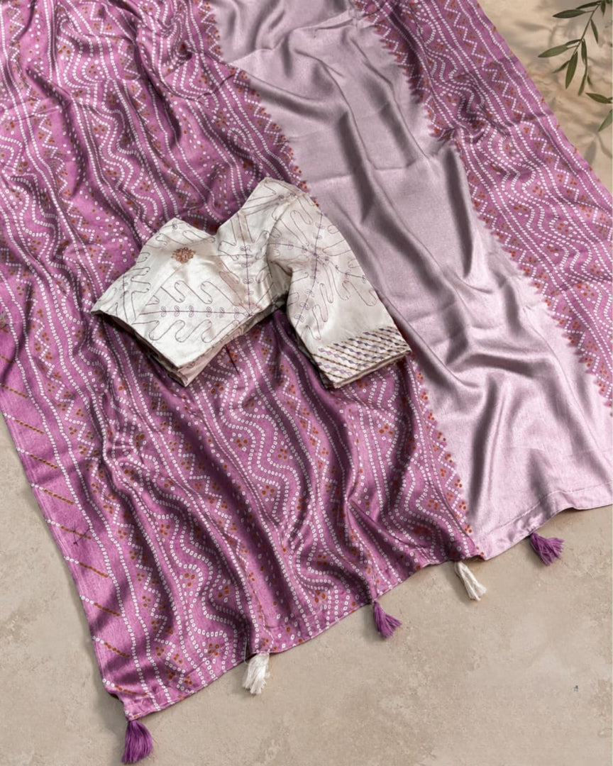 Delightful Party Wear Linen Cotton Bandhani Print Embroidered Work Designer Saree With Unstitched Blouse Piece