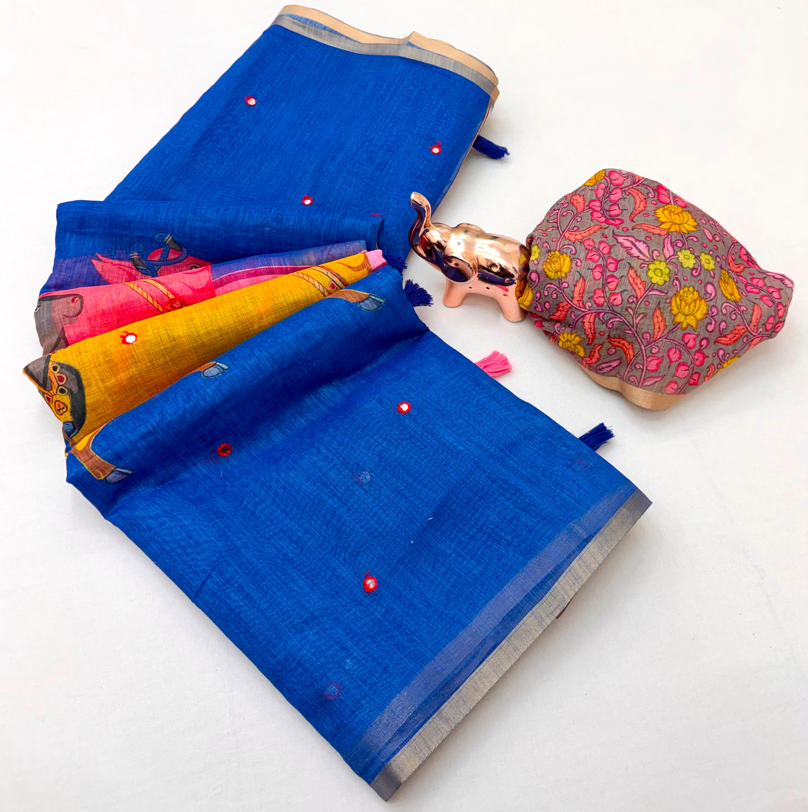Whimsical Party Wear Linen Cotton Print n Aari Mirror Work Rich Pallu Saree With Contrast Blouse Piece