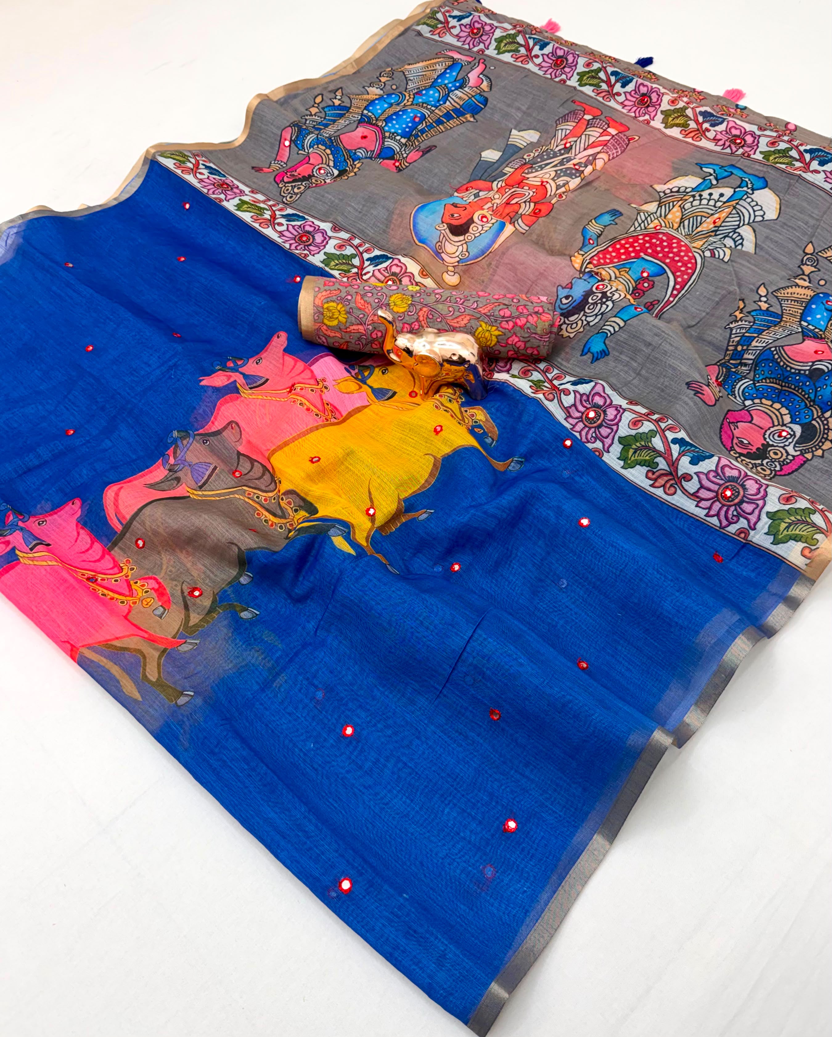 Whimsical Party Wear Linen Cotton Print n Aari Mirror Work Rich Pallu Saree With Contrast Blouse Piece