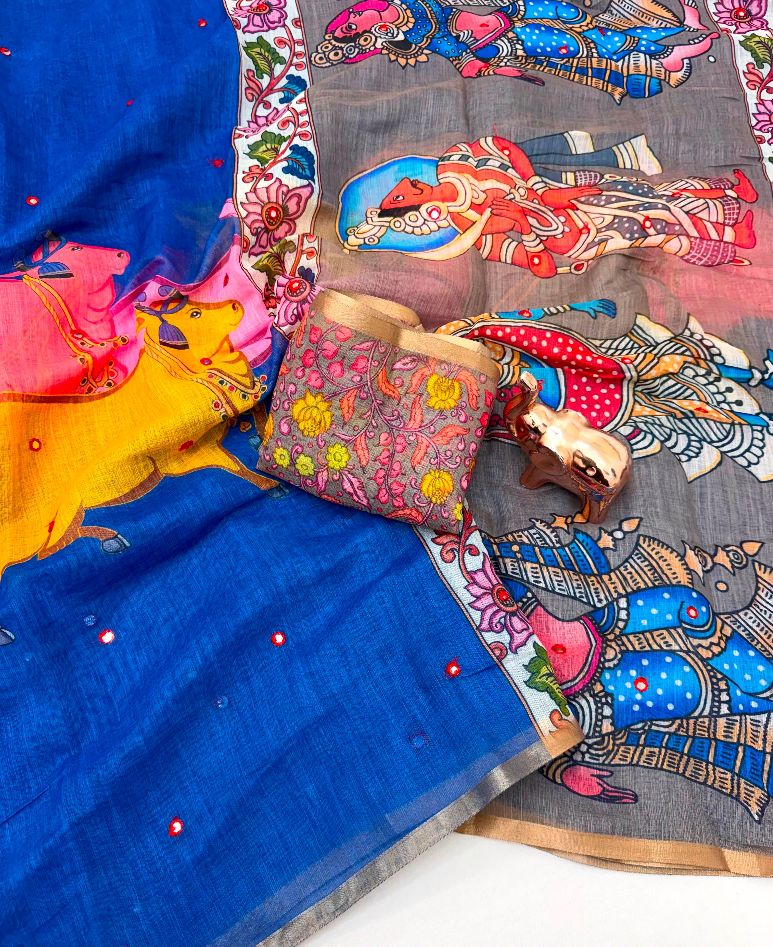 Whimsical Party Wear Linen Cotton Print n Aari Mirror Work Rich Pallu Saree With Contrast Blouse Piece